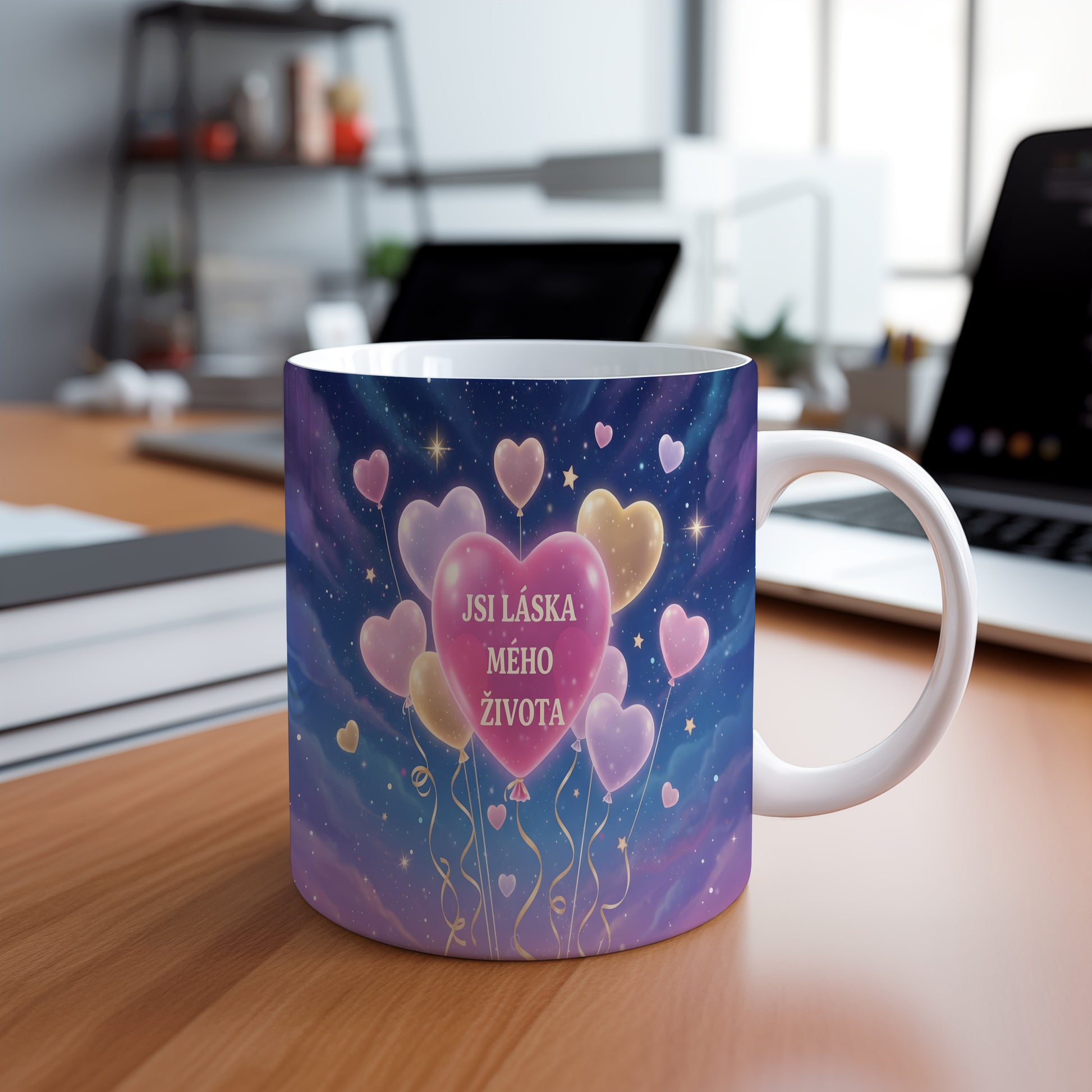 Hrnek s motivem srdcí a hvězd na modrém pozadí.
