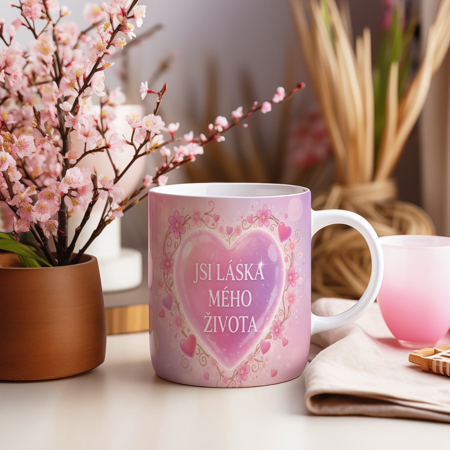 Romantický hrnek s růžovým srdcem a květinami.