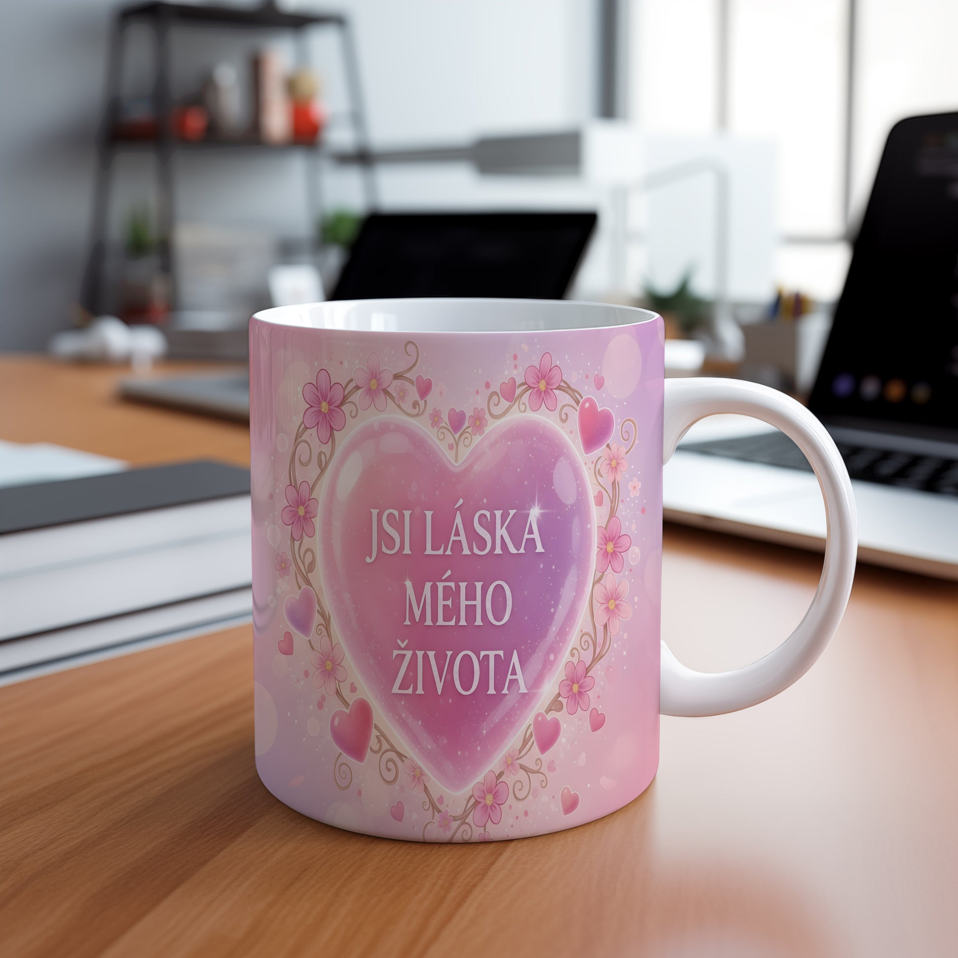 Romantický hrnek s růžovým srdcem a květinami.