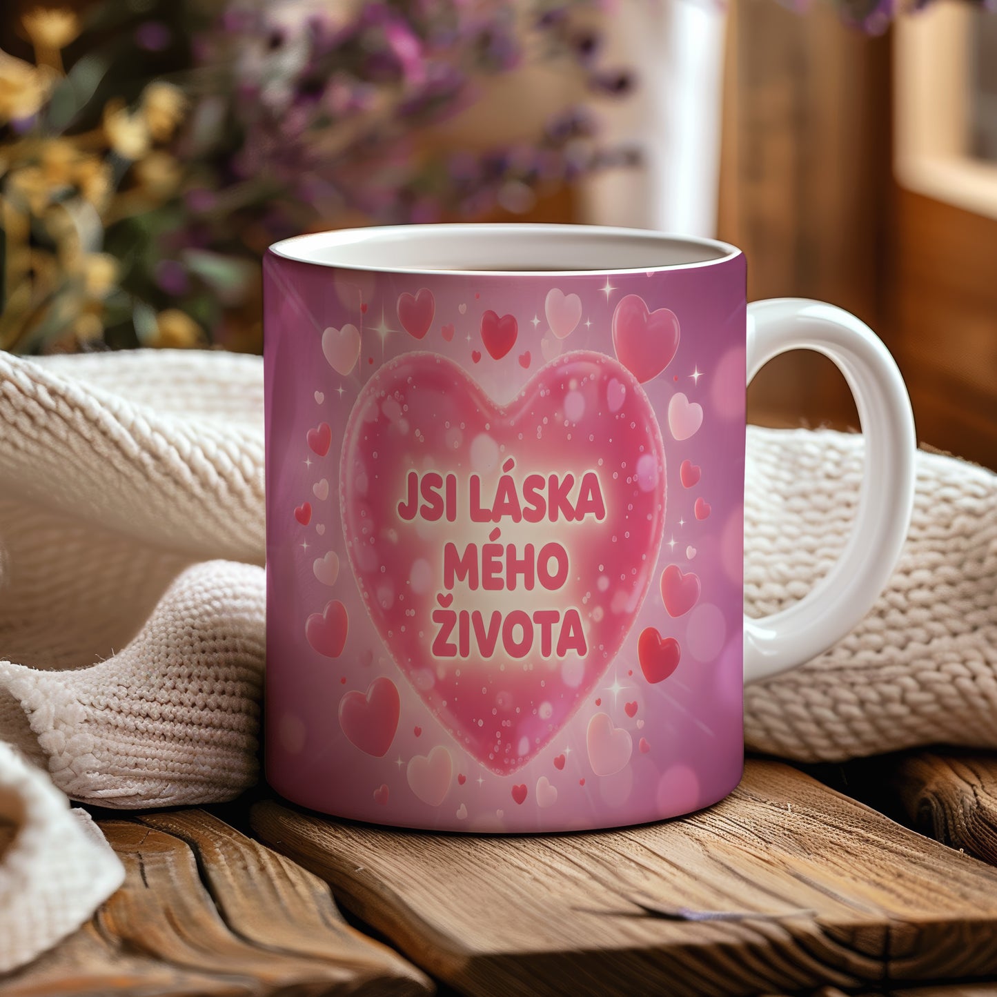 Růžový hrnek s romantickým motivem srdcí a nápisem 'JSI LÁSKA MÉHO ŽIVOTA'.