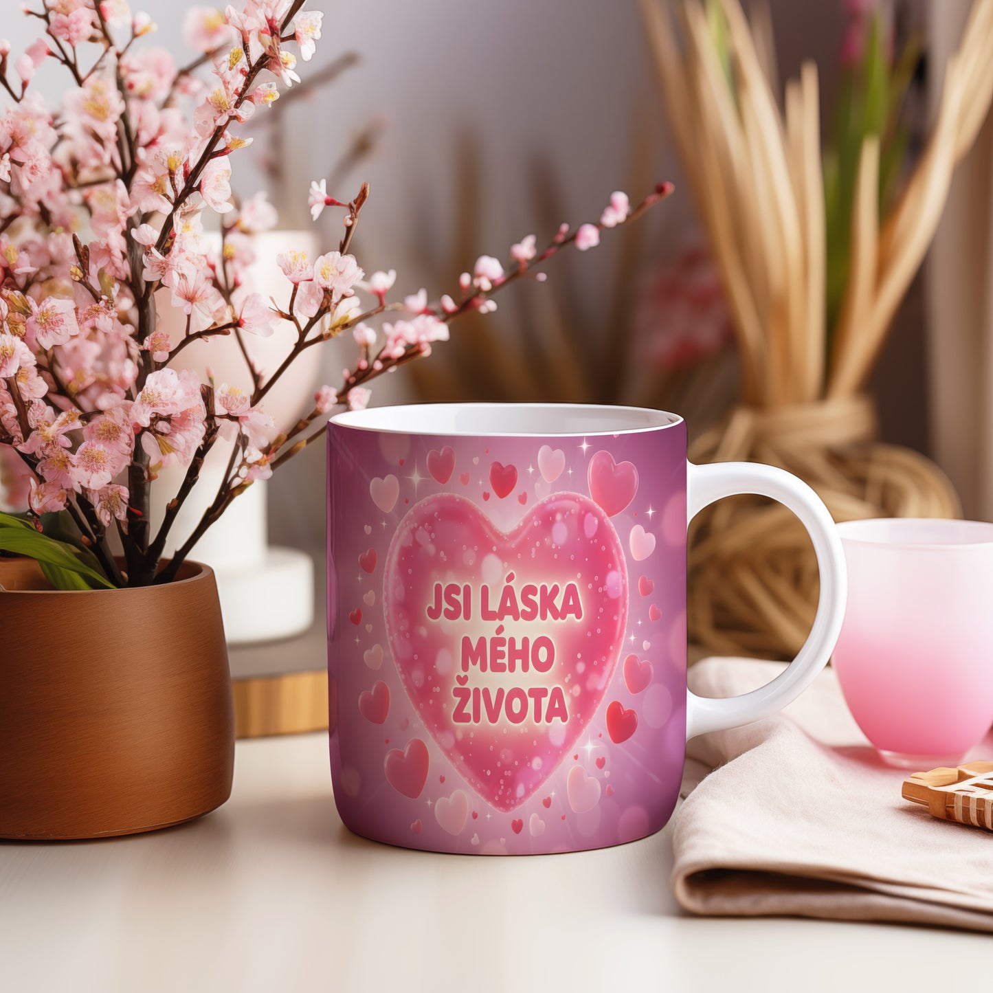 Růžový hrnek s romantickým motivem srdcí a nápisem 'JSI LÁSKA MÉHO ŽIVOTA'.