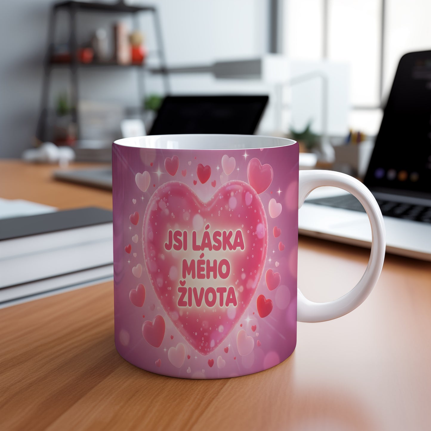 Růžový hrnek s romantickým motivem srdcí a nápisem 'JSI LÁSKA MÉHO ŽIVOTA'.