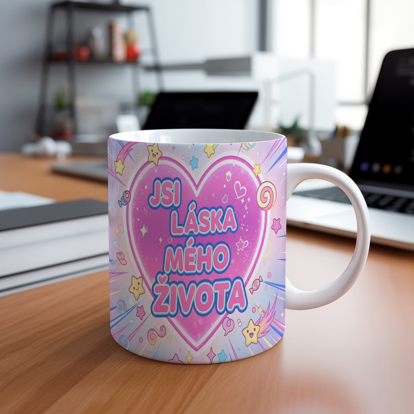 Hrnek s růžovým srdcem a nápisem JSI LÁSKA MÉHO ŽIVOTA, obklopený hvězdičkami.