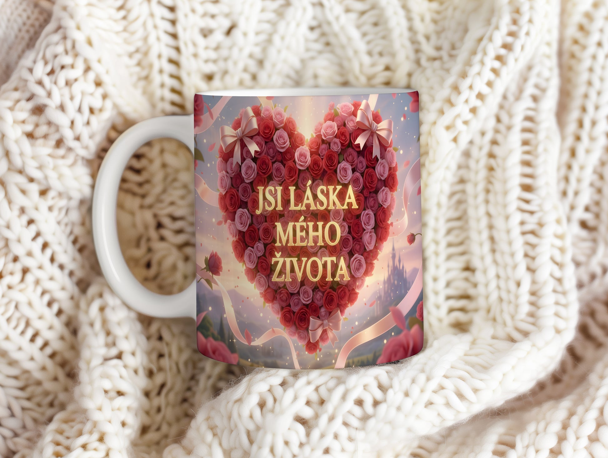 Bílý hrnek s motivem srdce z červených růží a nápisem JSI LÁSKA MÉHO ŽIVOTA.