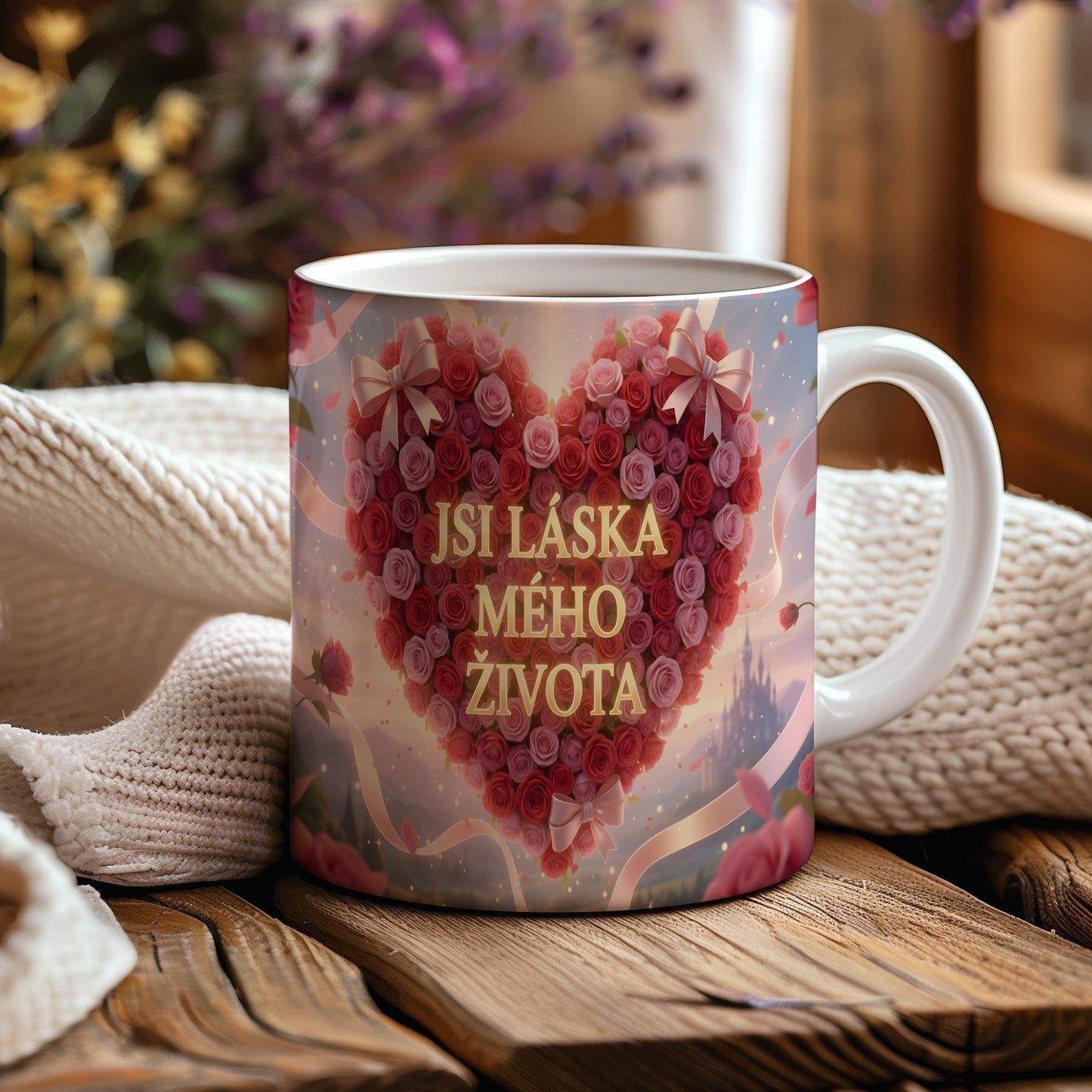 Bílý hrnek s motivem srdce z červených růží a nápisem JSI LÁSKA MÉHO ŽIVOTA.