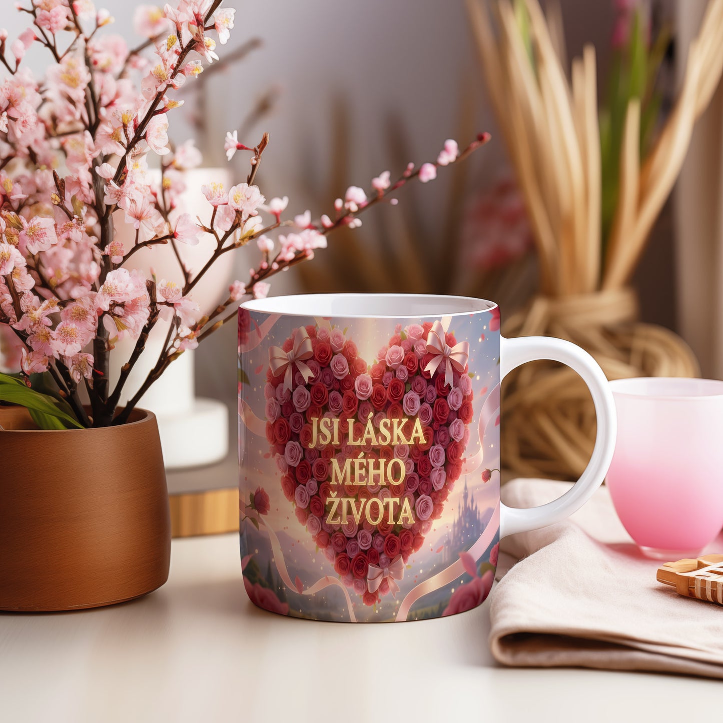 Bílý hrnek s motivem srdce z červených růží a nápisem JSI LÁSKA MÉHO ŽIVOTA.