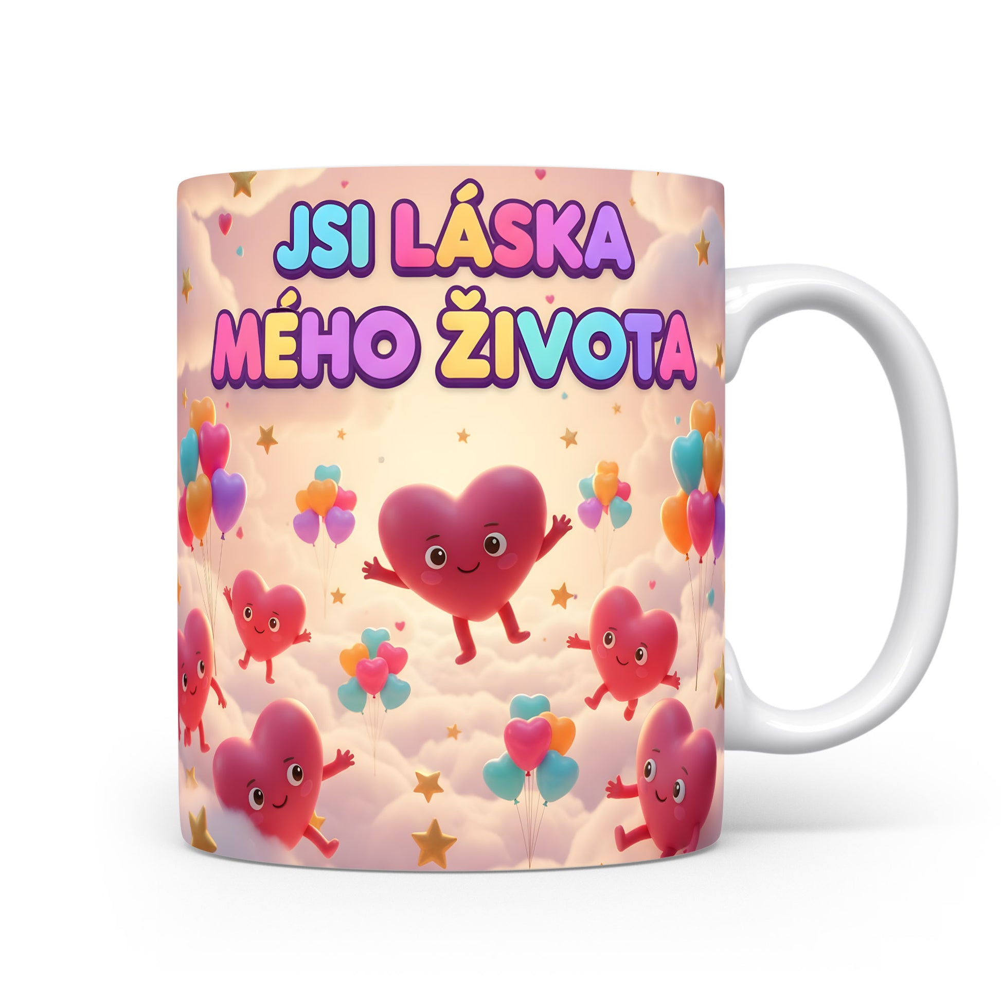 Hrnek s nápisem JSI LÁSKA MÉHO ŽIVOTA a motivem srdcí a balónků.