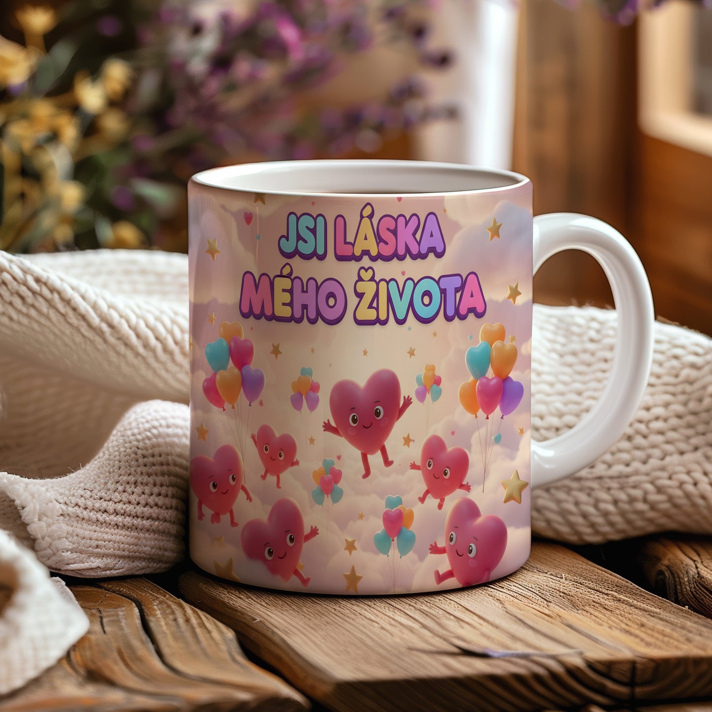 Hrnek s nápisem JSI LÁSKA MÉHO ŽIVOTA a motivem srdcí a balónků.