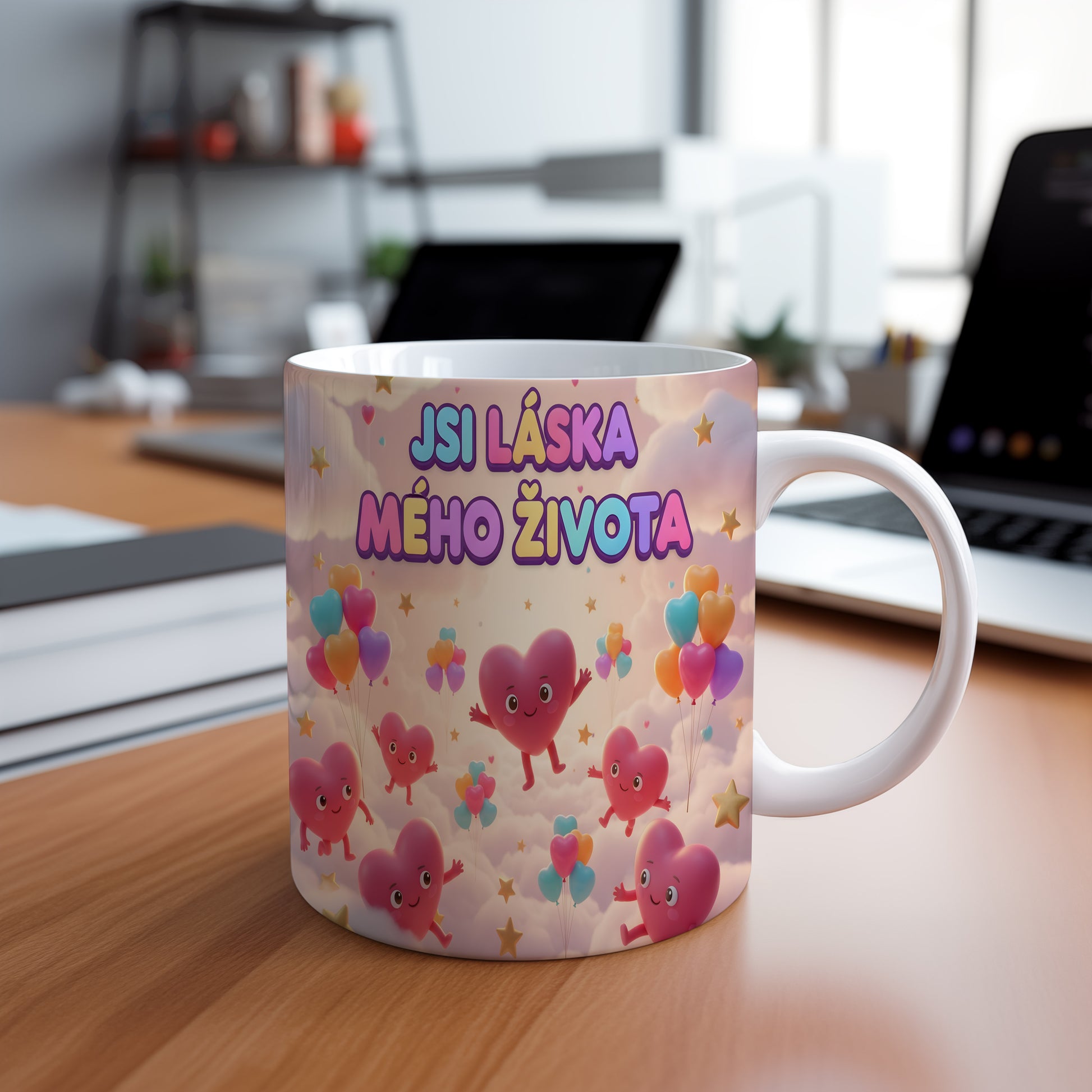 Hrnek s nápisem JSI LÁSKA MÉHO ŽIVOTA a motivem srdcí a balónků.