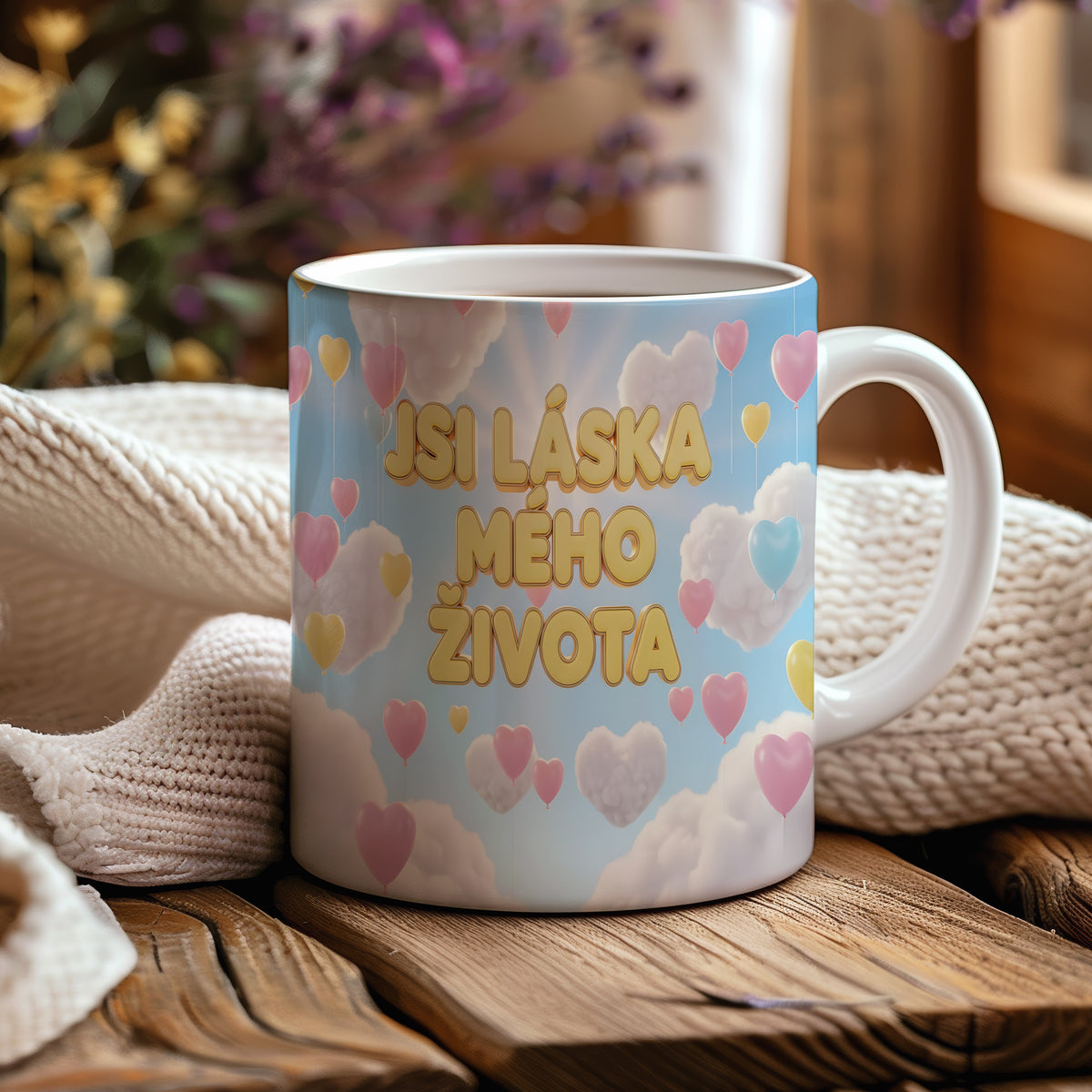 Romantický hrnek s nápisem JSI LÁSKA MÉHO ŽIVOTA a srdci v oblacích.