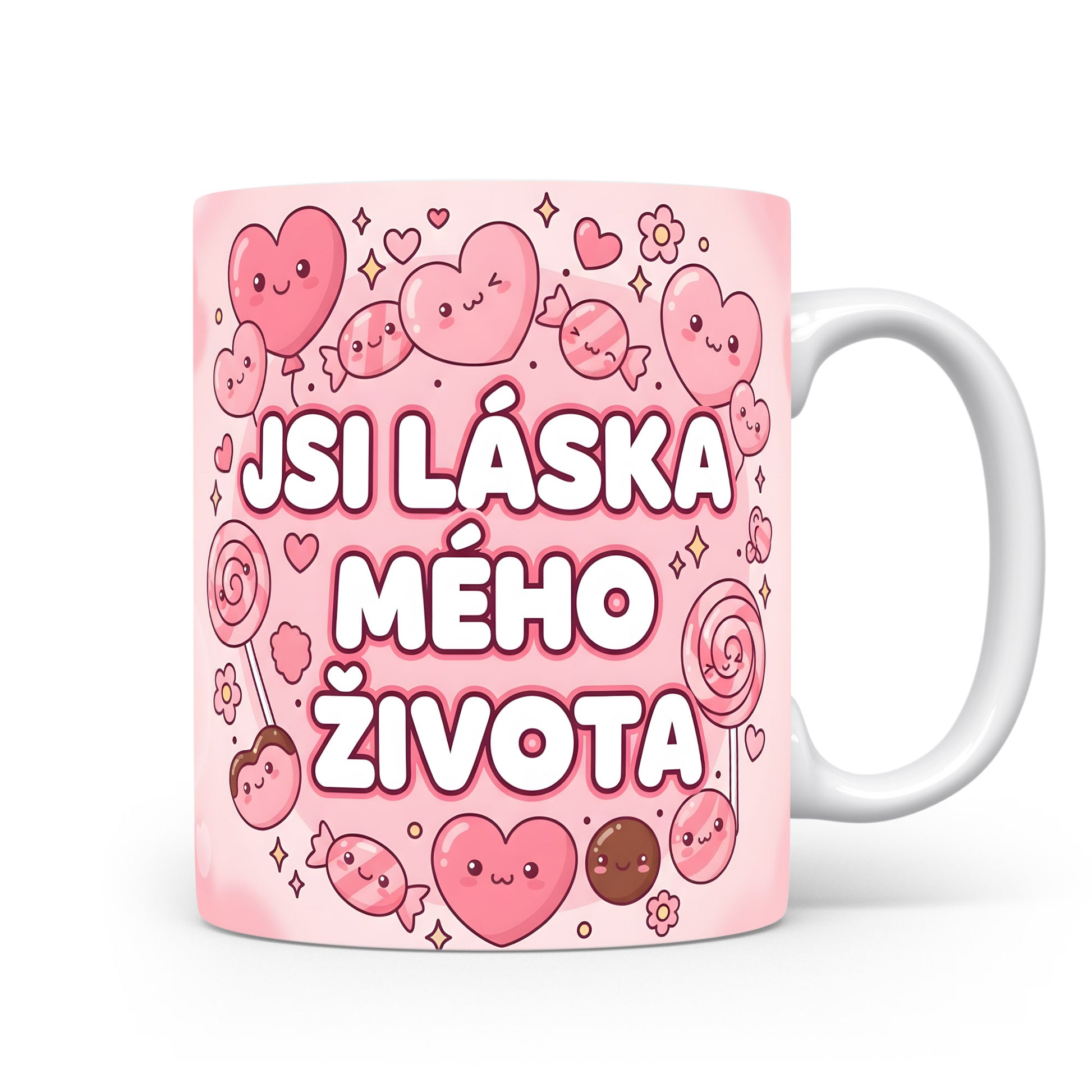 Růžový hrnek s motivem srdcí a nápisem JSI LÁSKA MÉHO ŽIVOTA.
