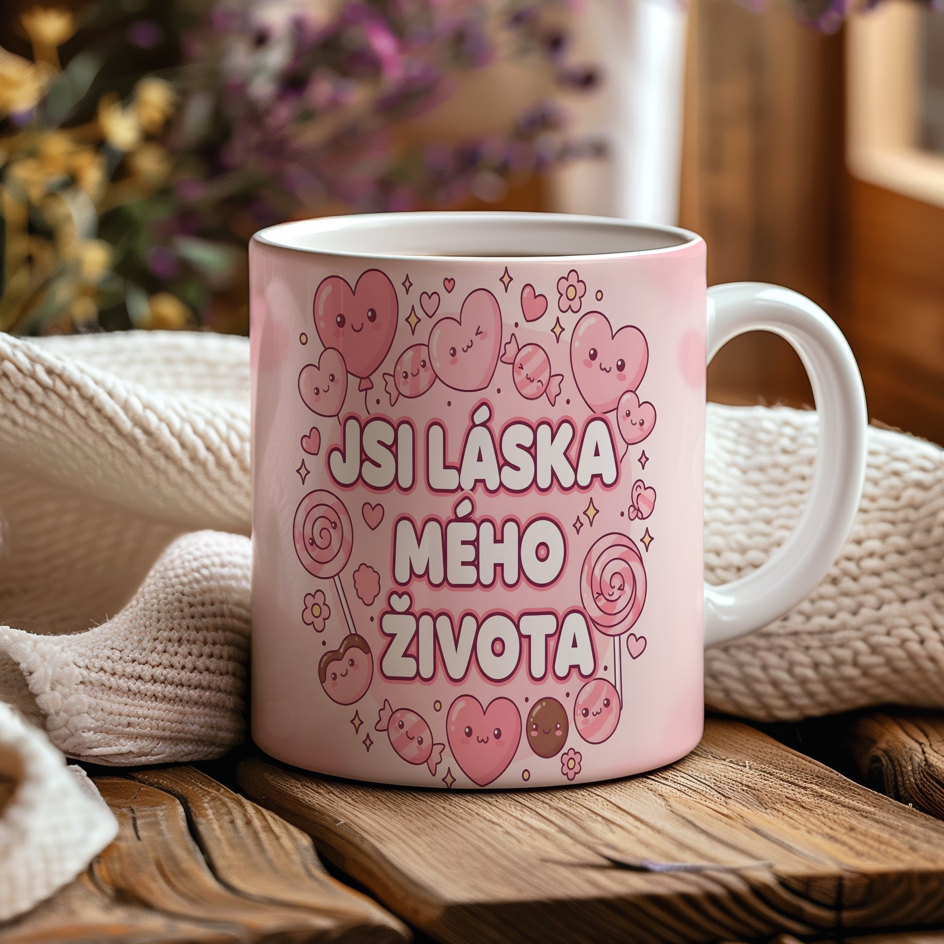 Růžový hrnek s motivem srdcí a nápisem JSI LÁSKA MÉHO ŽIVOTA.