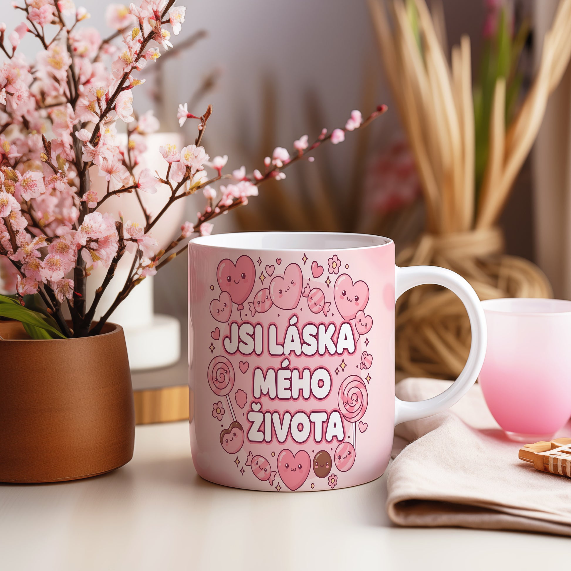 Růžový hrnek s motivem srdcí a nápisem JSI LÁSKA MÉHO ŽIVOTA.