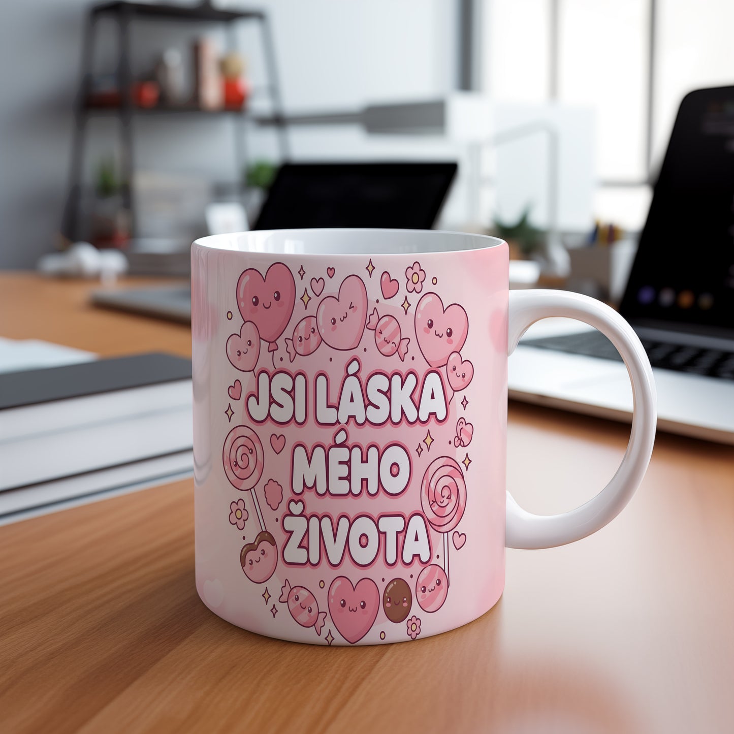 Růžový hrnek s motivem srdcí a nápisem JSI LÁSKA MÉHO ŽIVOTA.