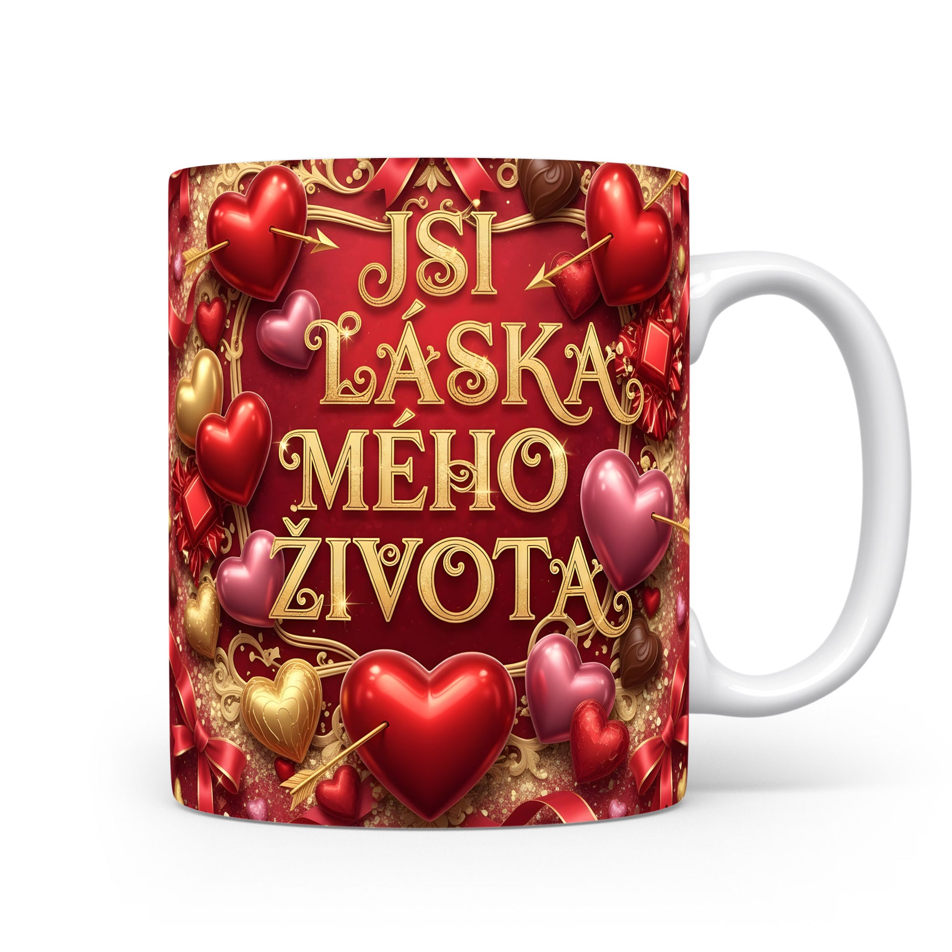 Romantický hrnek s červenými a zlatými srdci a nápisem JSI LÁSKA MÉHO ŽIVOTA.