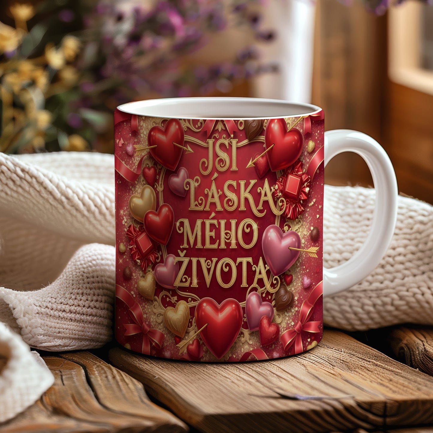 Romantický hrnek s červenými a zlatými srdci a nápisem JSI LÁSKA MÉHO ŽIVOTA.