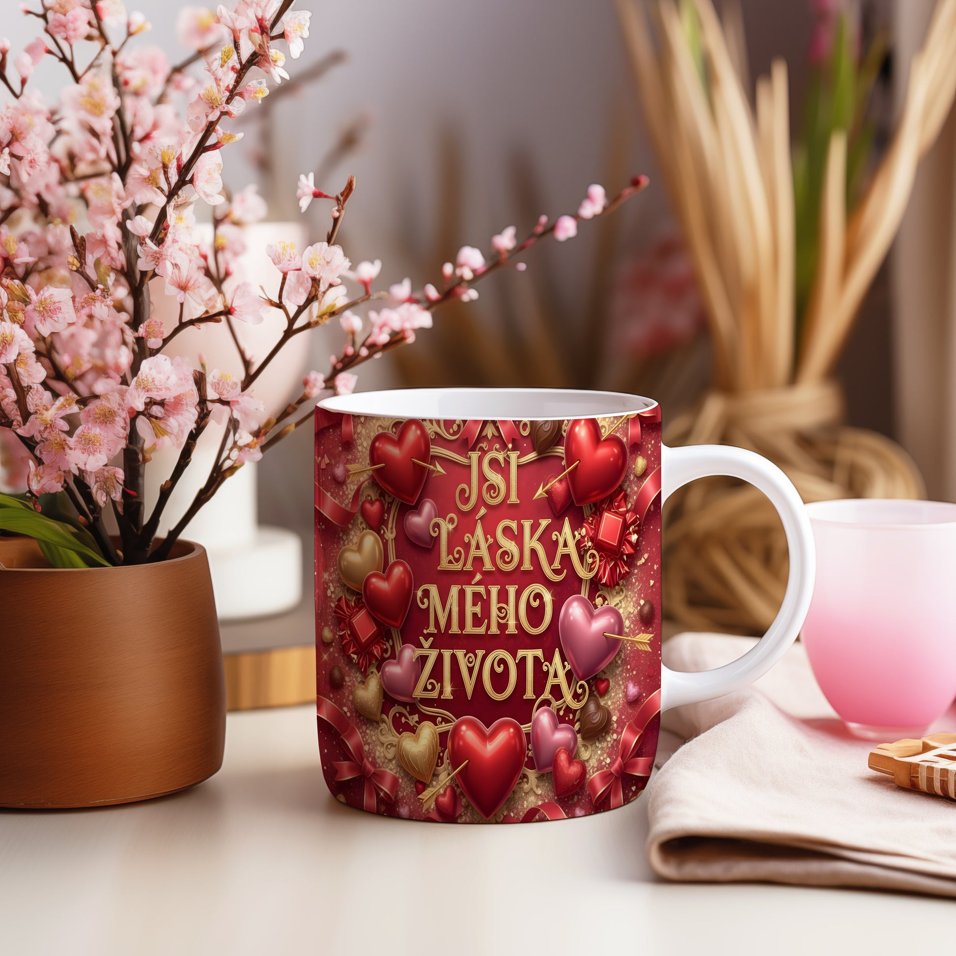 Romantický hrnek s červenými a zlatými srdci a nápisem JSI LÁSKA MÉHO ŽIVOTA.