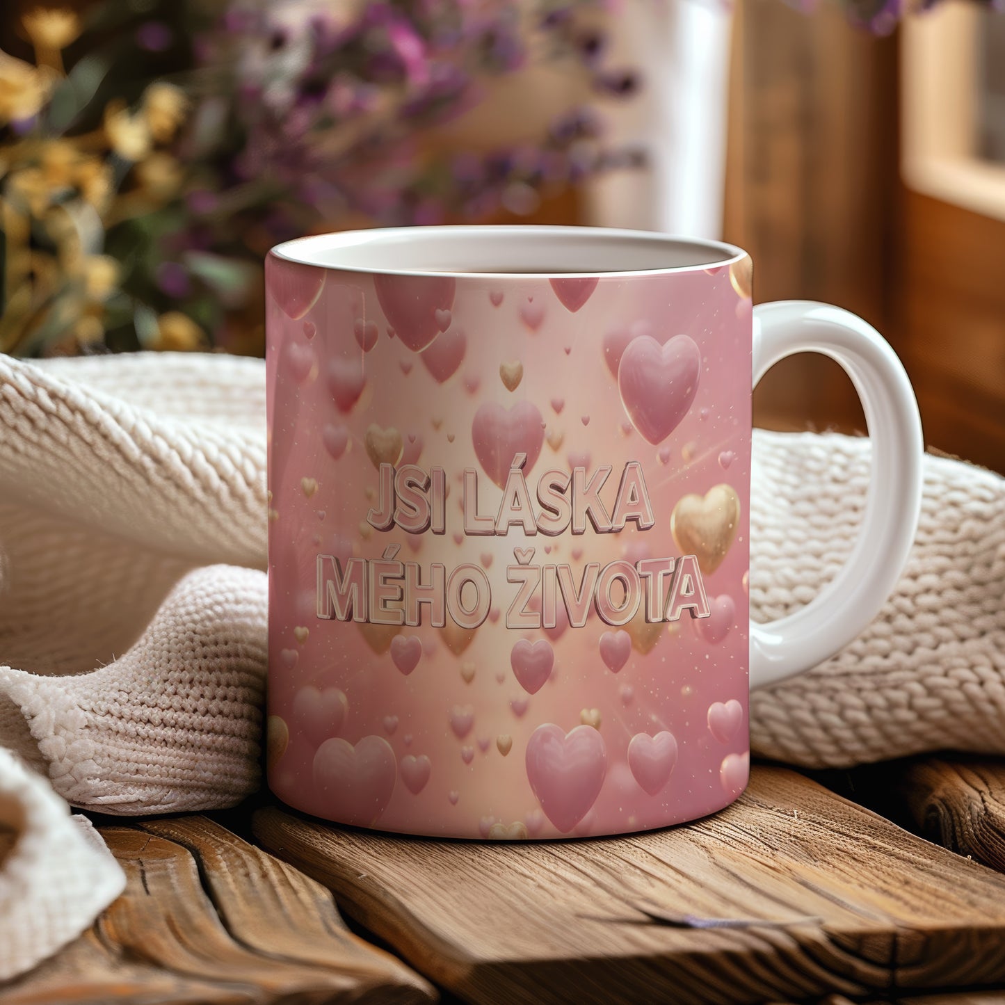 Růžový hrnek s nápisem JSI LÁSKA MÉHO ŽIVOTA a motivem srdcí.
