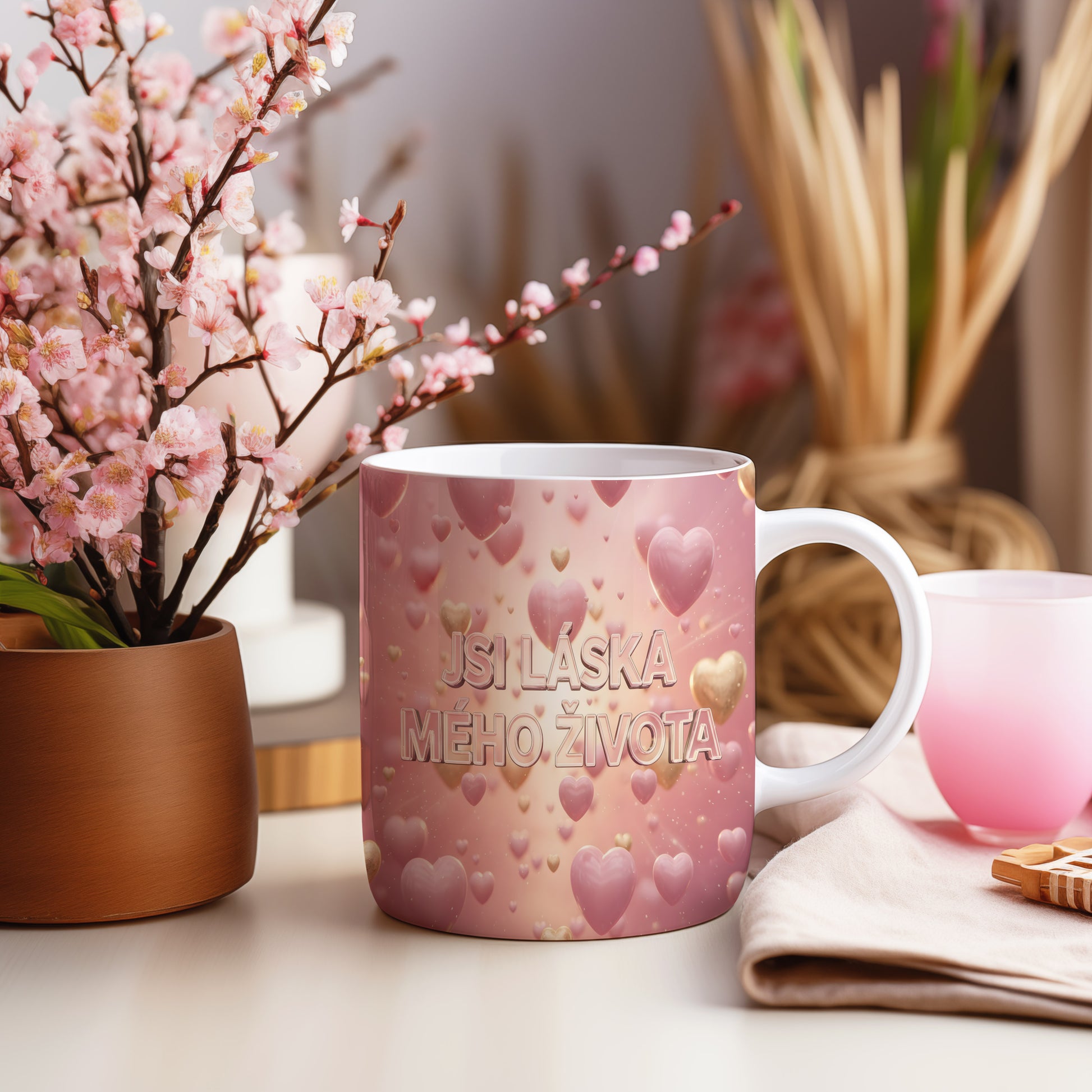 Růžový hrnek s nápisem JSI LÁSKA MÉHO ŽIVOTA a motivem srdcí.