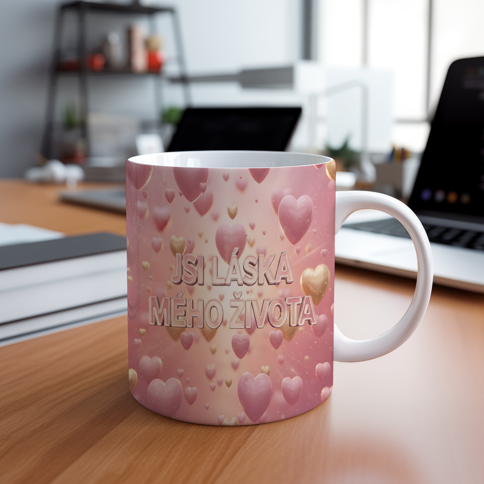 Růžový hrnek s nápisem JSI LÁSKA MÉHO ŽIVOTA a motivem srdcí.