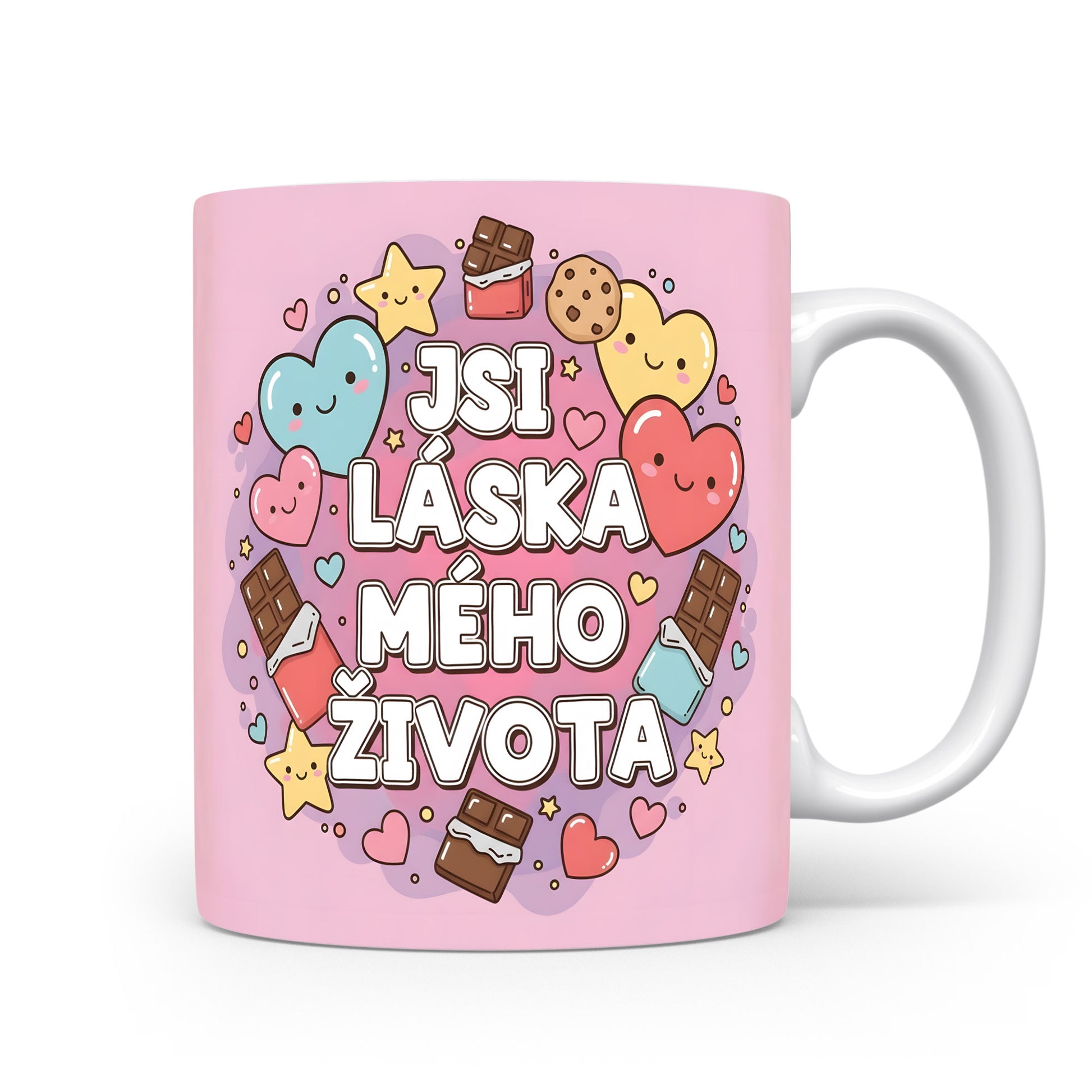 Růžový hrnek s nápisem 'JSI LÁSKA MÉHO ŽIVOTA' a motivy srdcí a sladkostí.