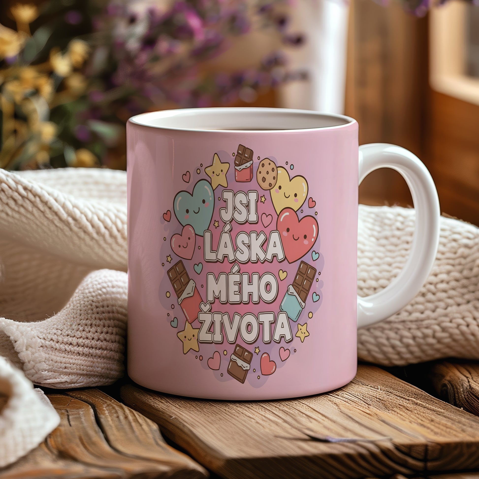 Růžový hrnek s nápisem 'JSI LÁSKA MÉHO ŽIVOTA' a motivy srdcí a sladkostí.