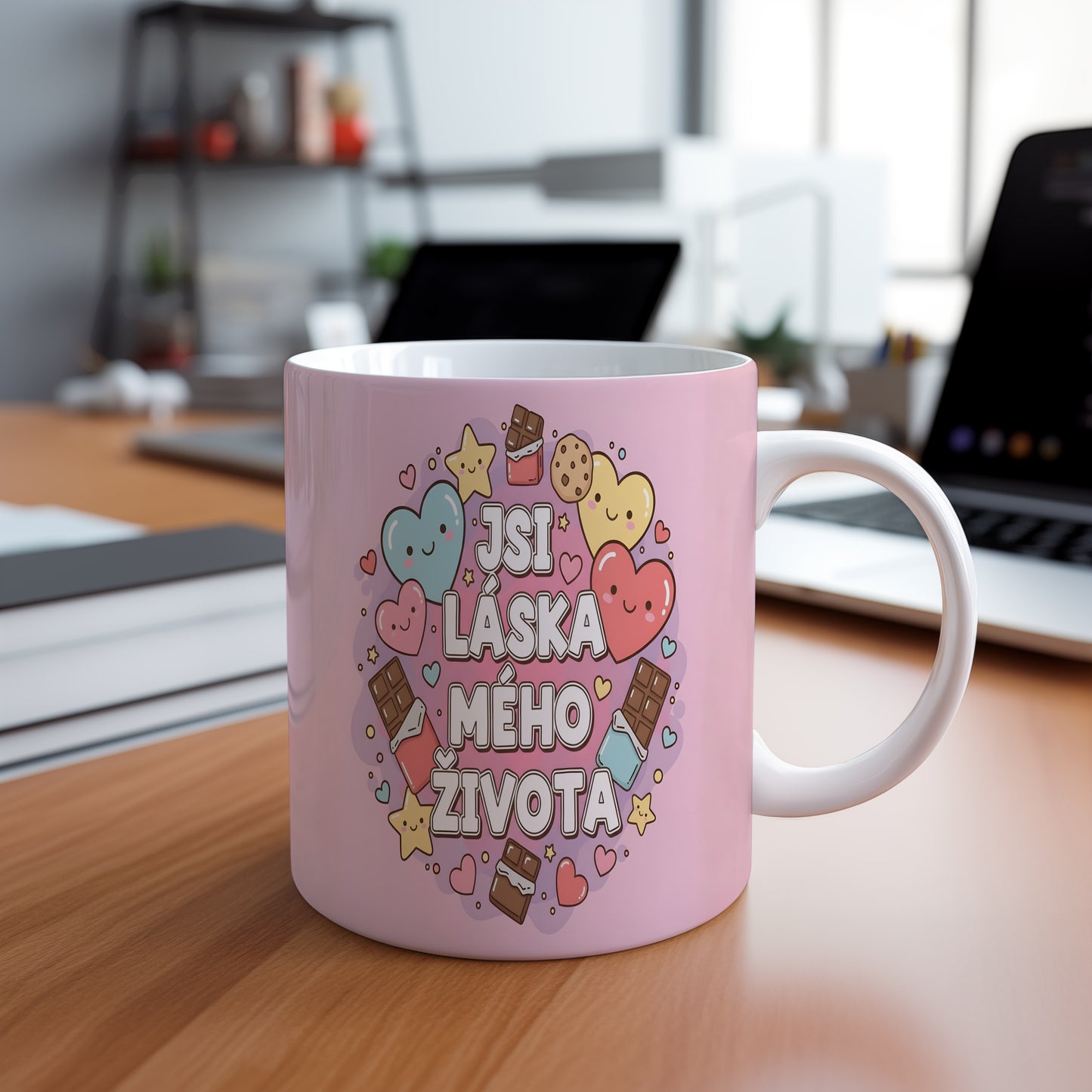 Růžový hrnek s nápisem 'JSI LÁSKA MÉHO ŽIVOTA' a motivy srdcí a sladkostí.