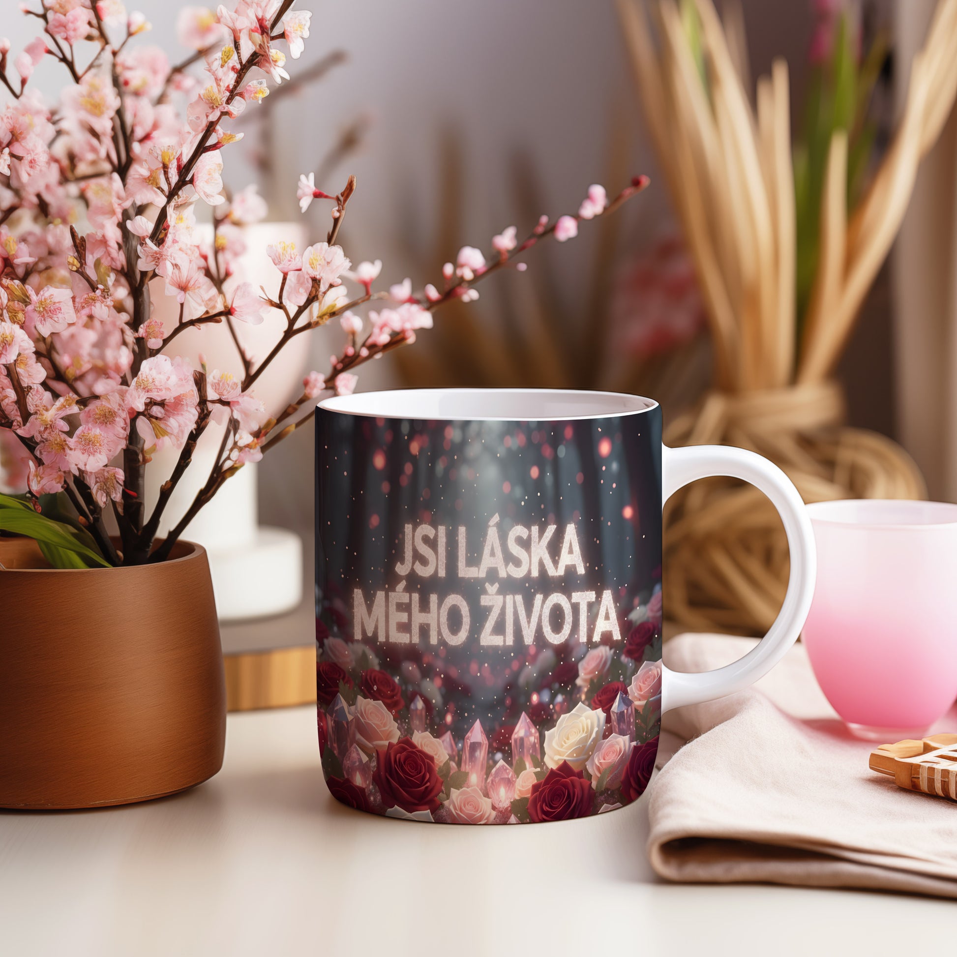 Romantický hrnek s růžemi a krystaly s nápisem JSI LÁSKA MÉHO ŽIVOTA.