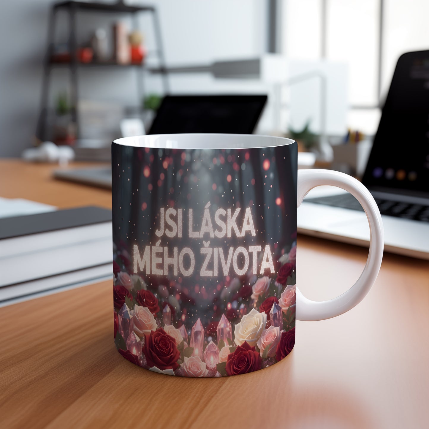 Romantický hrnek s růžemi a krystaly s nápisem JSI LÁSKA MÉHO ŽIVOTA.