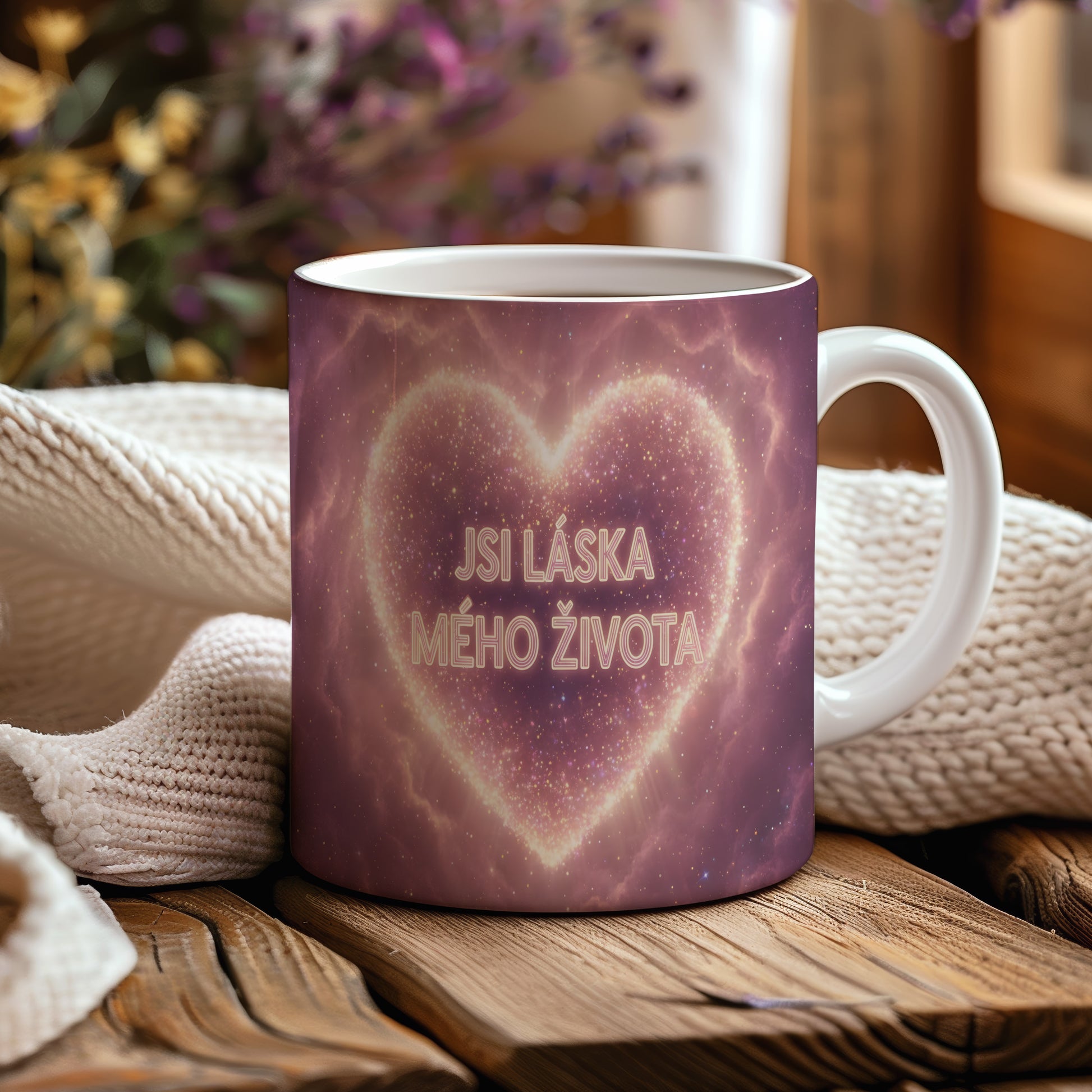Růžový hrnek s nápisem 'JSI LÁSKA MÉHO ŽIVOTA' a hvězdným srdcem.