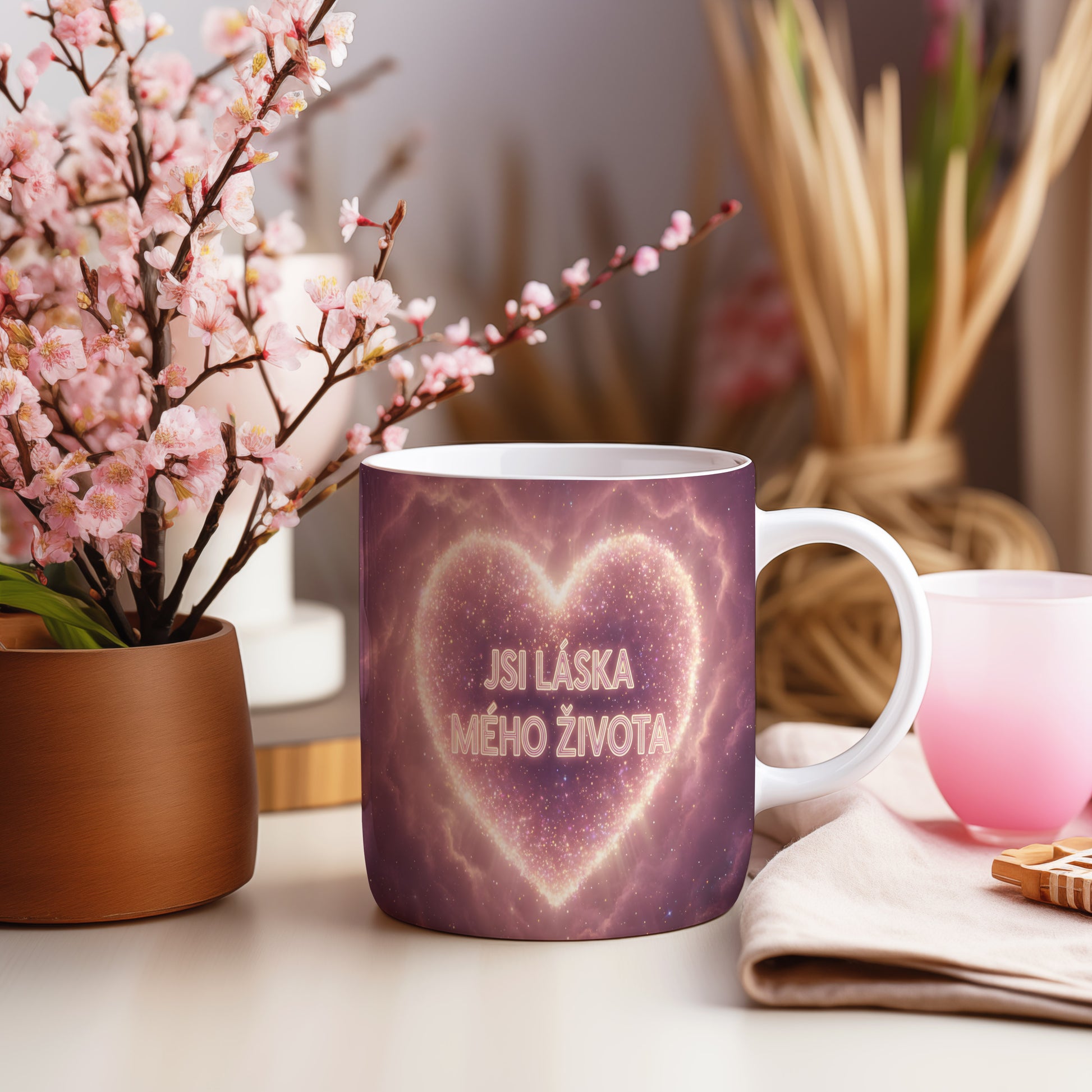 Růžový hrnek s nápisem 'JSI LÁSKA MÉHO ŽIVOTA' a hvězdným srdcem.