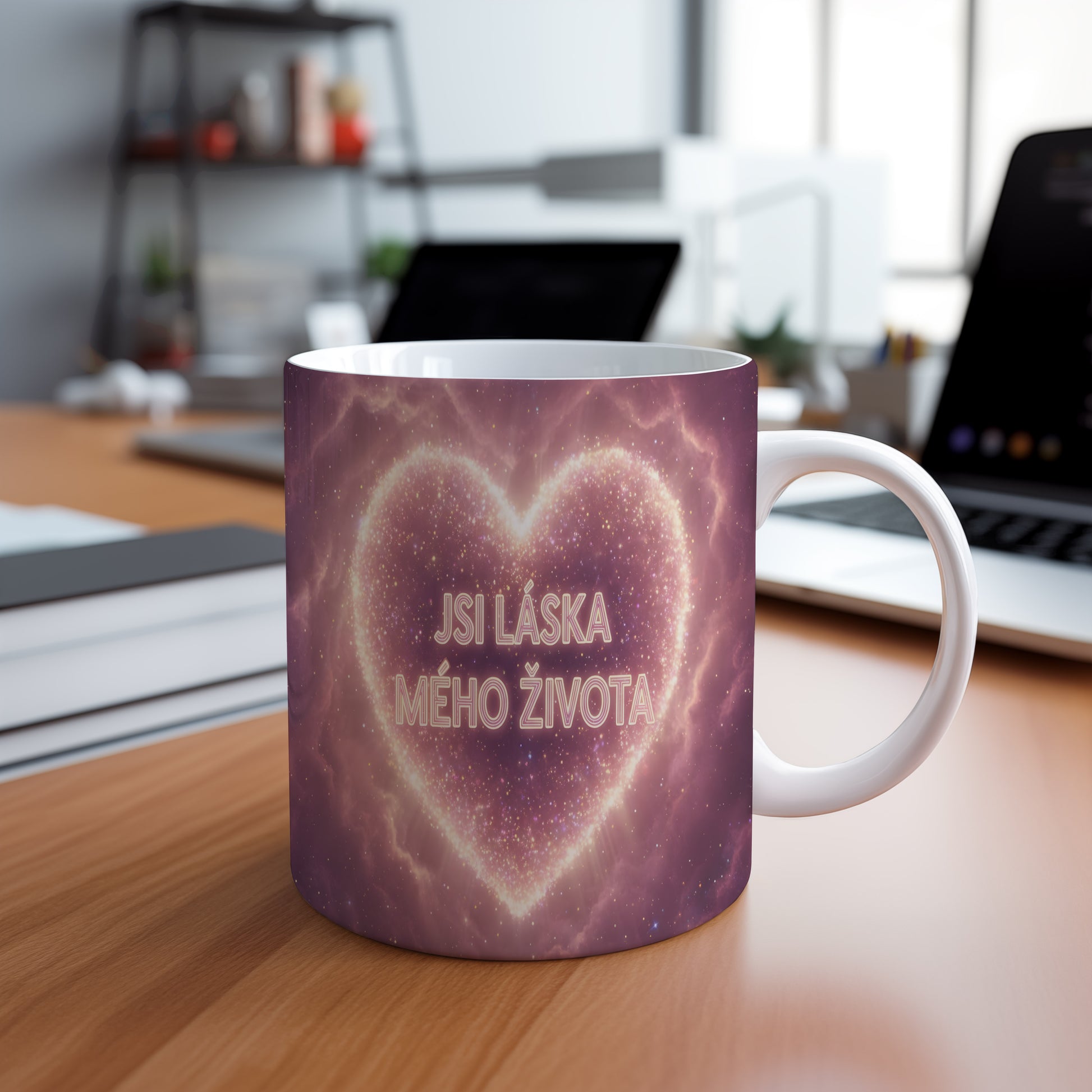 Růžový hrnek s nápisem 'JSI LÁSKA MÉHO ŽIVOTA' a hvězdným srdcem.