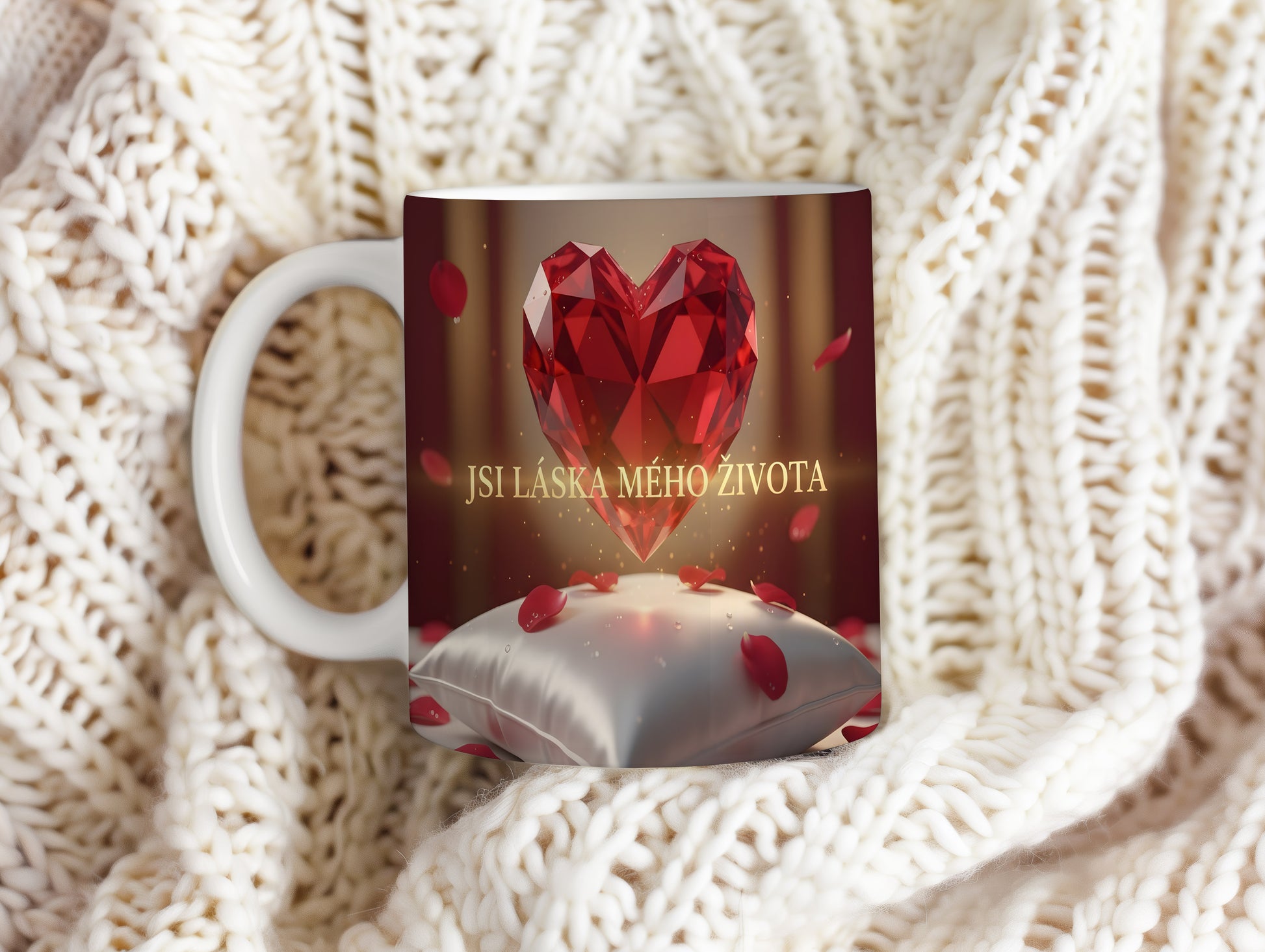 Hrnek s červeným srdcem a nápisem JSI LÁSKA MÉHO ŽIVOTA.