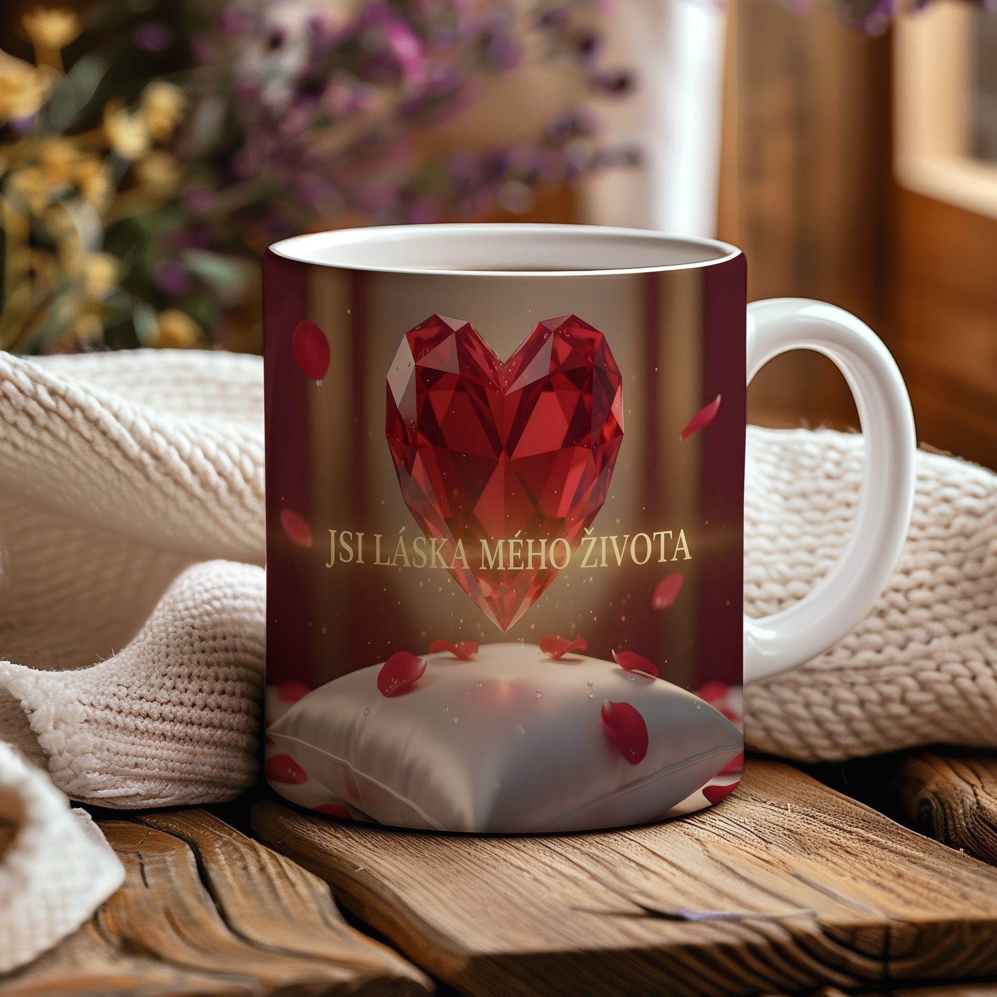 Hrnek s červeným srdcem a nápisem JSI LÁSKA MÉHO ŽIVOTA.