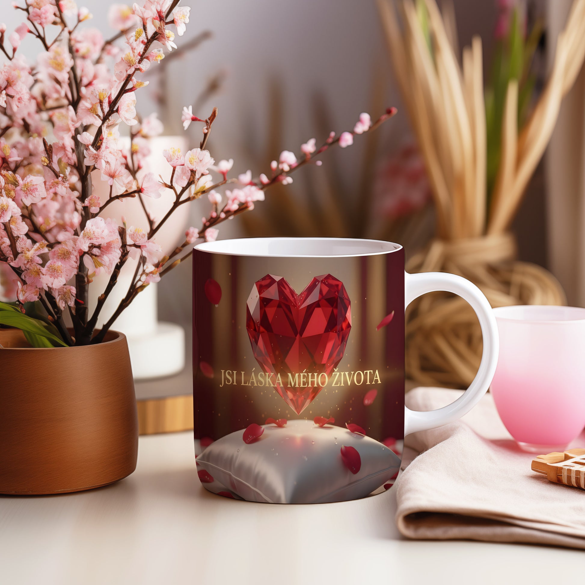 Hrnek s červeným srdcem a nápisem JSI LÁSKA MÉHO ŽIVOTA.