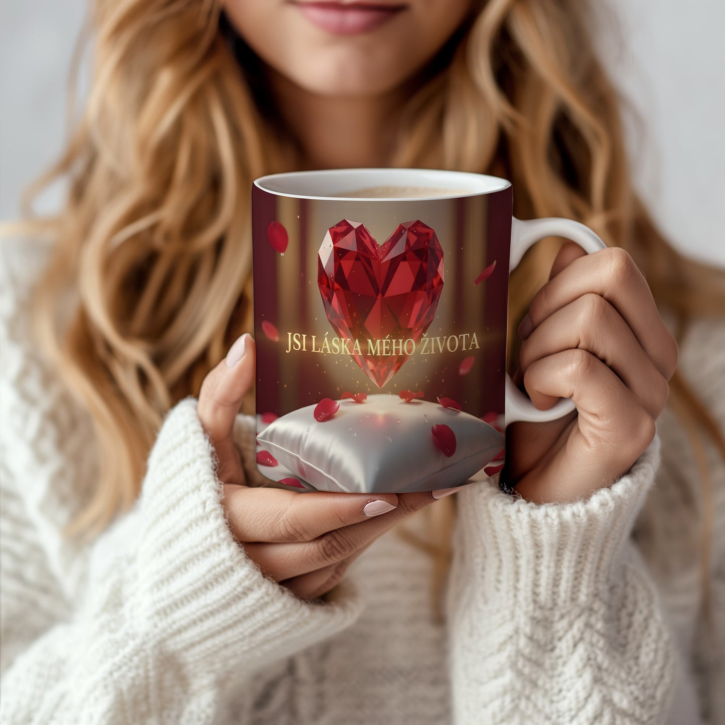 Hrnek s červeným srdcem a nápisem JSI LÁSKA MÉHO ŽIVOTA.