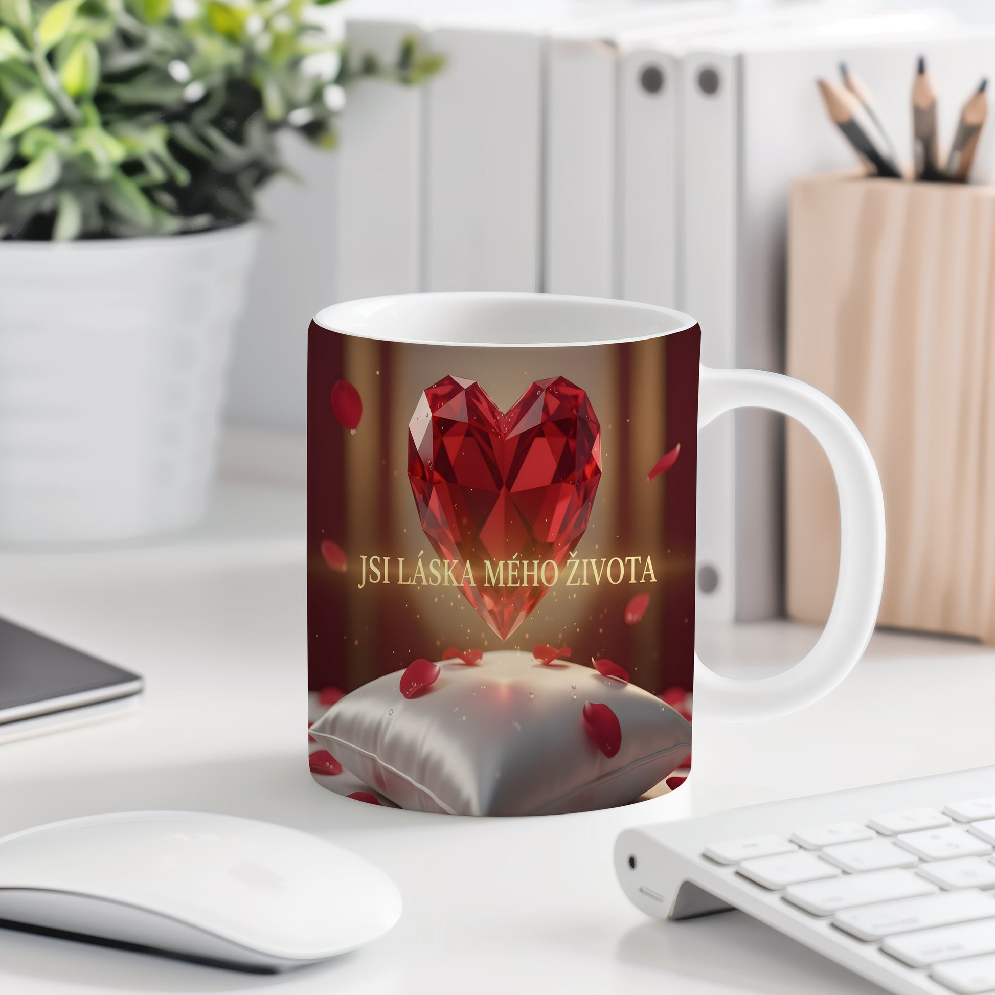 Hrnek s červeným srdcem a nápisem JSI LÁSKA MÉHO ŽIVOTA.