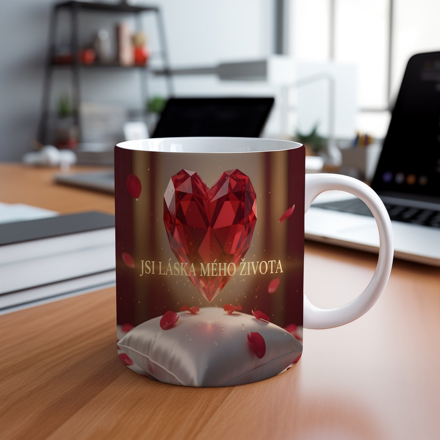 Hrnek s červeným srdcem a nápisem JSI LÁSKA MÉHO ŽIVOTA.