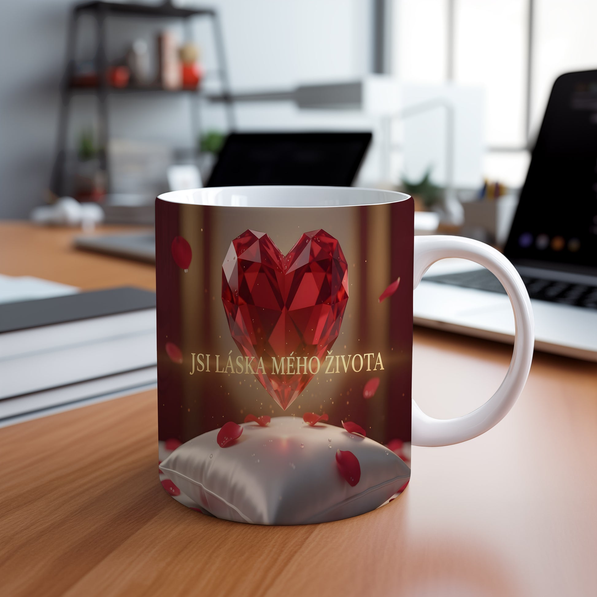 Hrnek s červeným srdcem a nápisem JSI LÁSKA MÉHO ŽIVOTA.