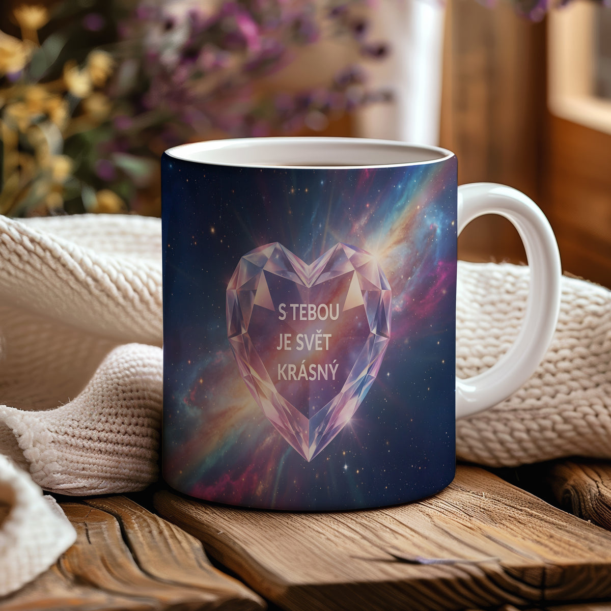Hrnek s motivem galaxie a diamantového srdce s nápisem S tebou je svět krásný.