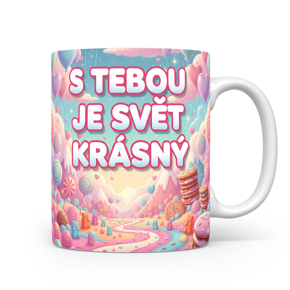 Hrnek s pastelovým pozadím, srdci a nápisem S TEBOU JE SVĚT KRÁSNÝ.