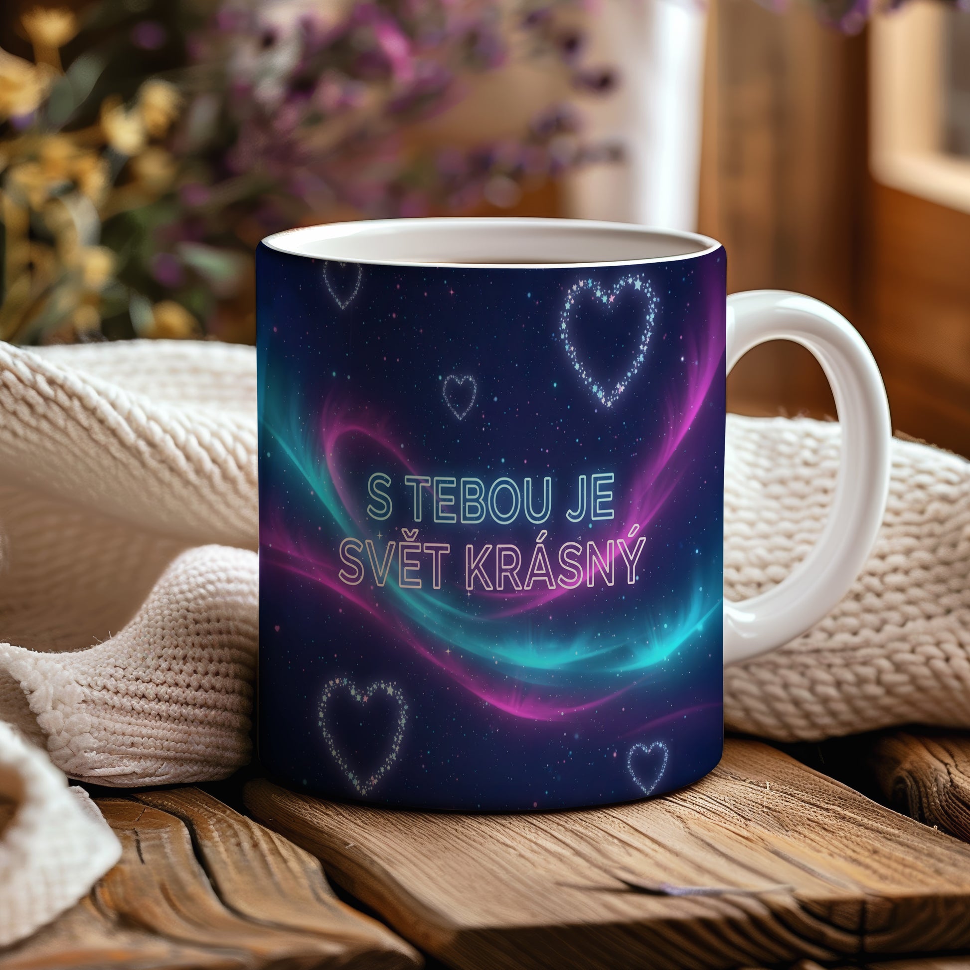 Tmavě modrý hrnek s růžovými a tyrkysovými srdci a nápisem S TEBOU JE SVĚT KRÁSNÝ.
