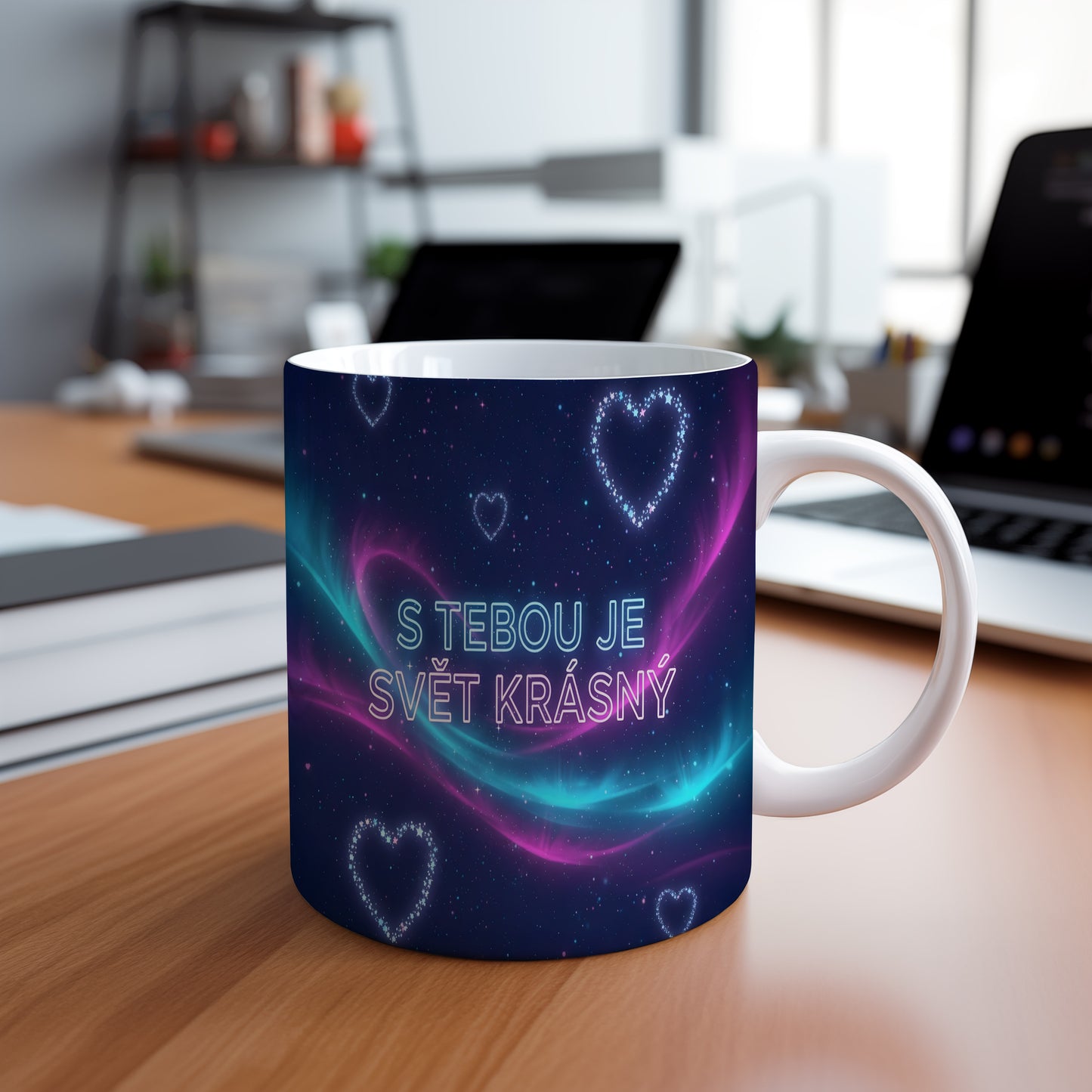 Tmavě modrý hrnek s růžovými a tyrkysovými srdci a nápisem S TEBOU JE SVĚT KRÁSNÝ.