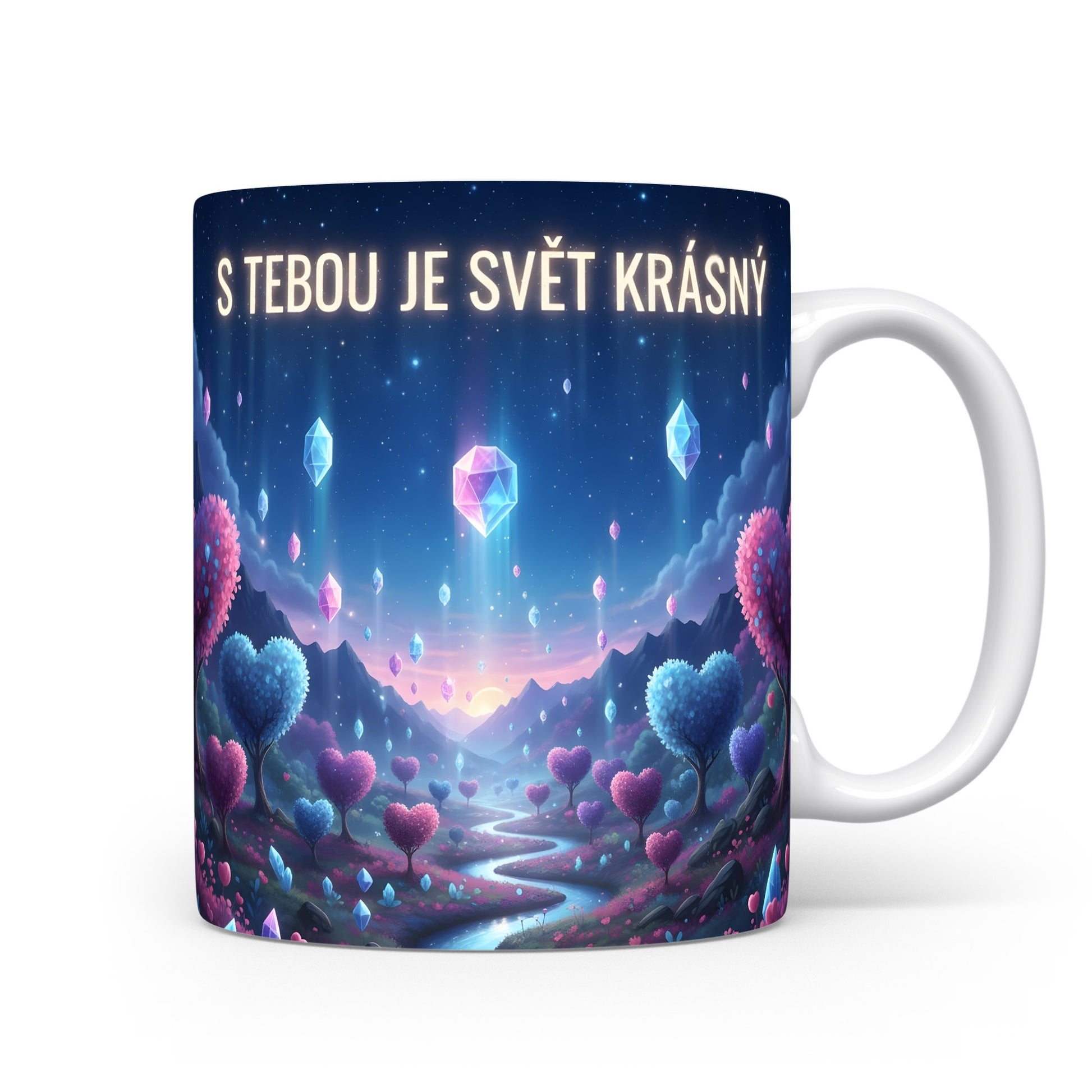 Hrnek s motivem srdcí a krystalů v snové krajině.