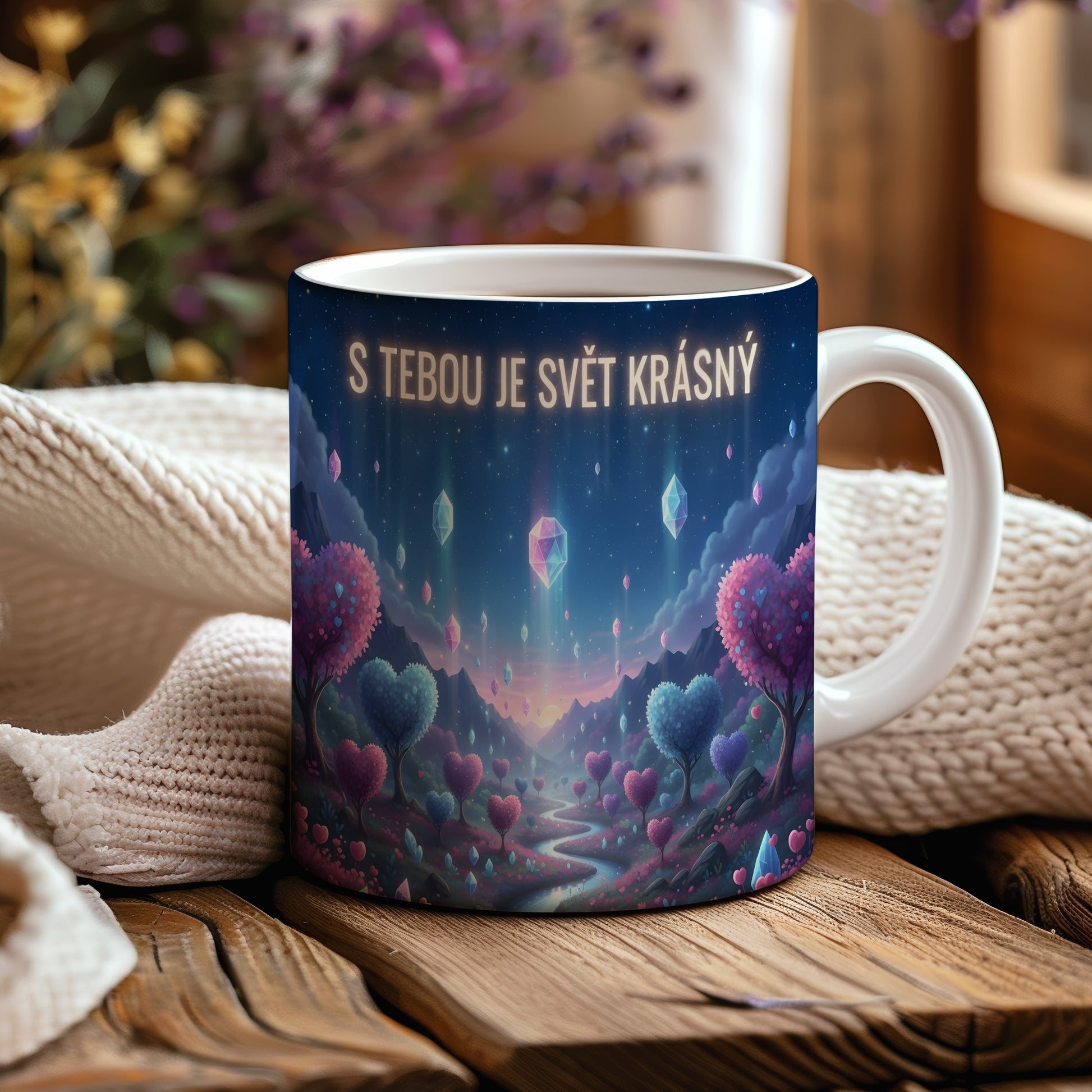 Hrnek s motivem srdcí a krystalů v snové krajině.