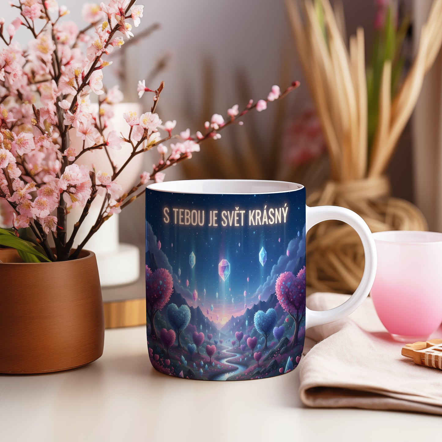 Hrnek s motivem srdcí a krystalů v snové krajině.