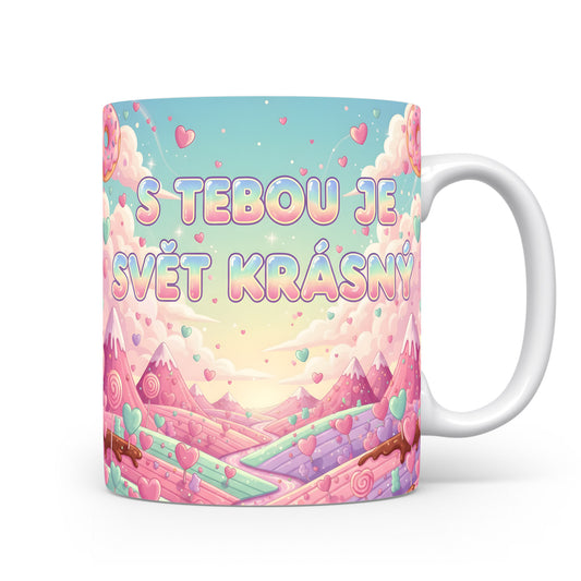 Pastelový hrnek s romantickým motivem a nápisem 'S tebou je svět krásný'.