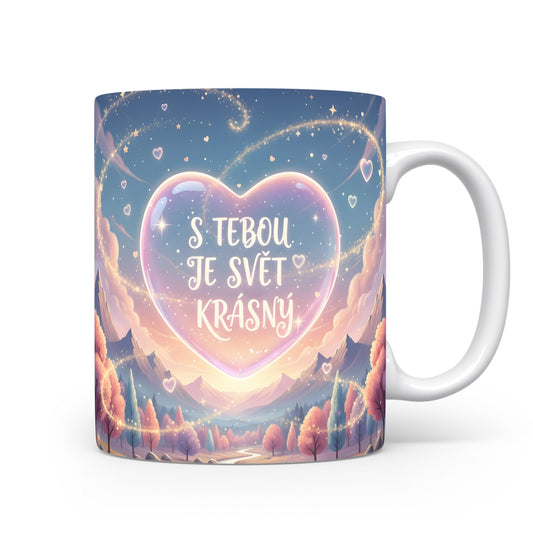 Hrnek s romantickým motivem srdce a hvězd v pastelových barvách.