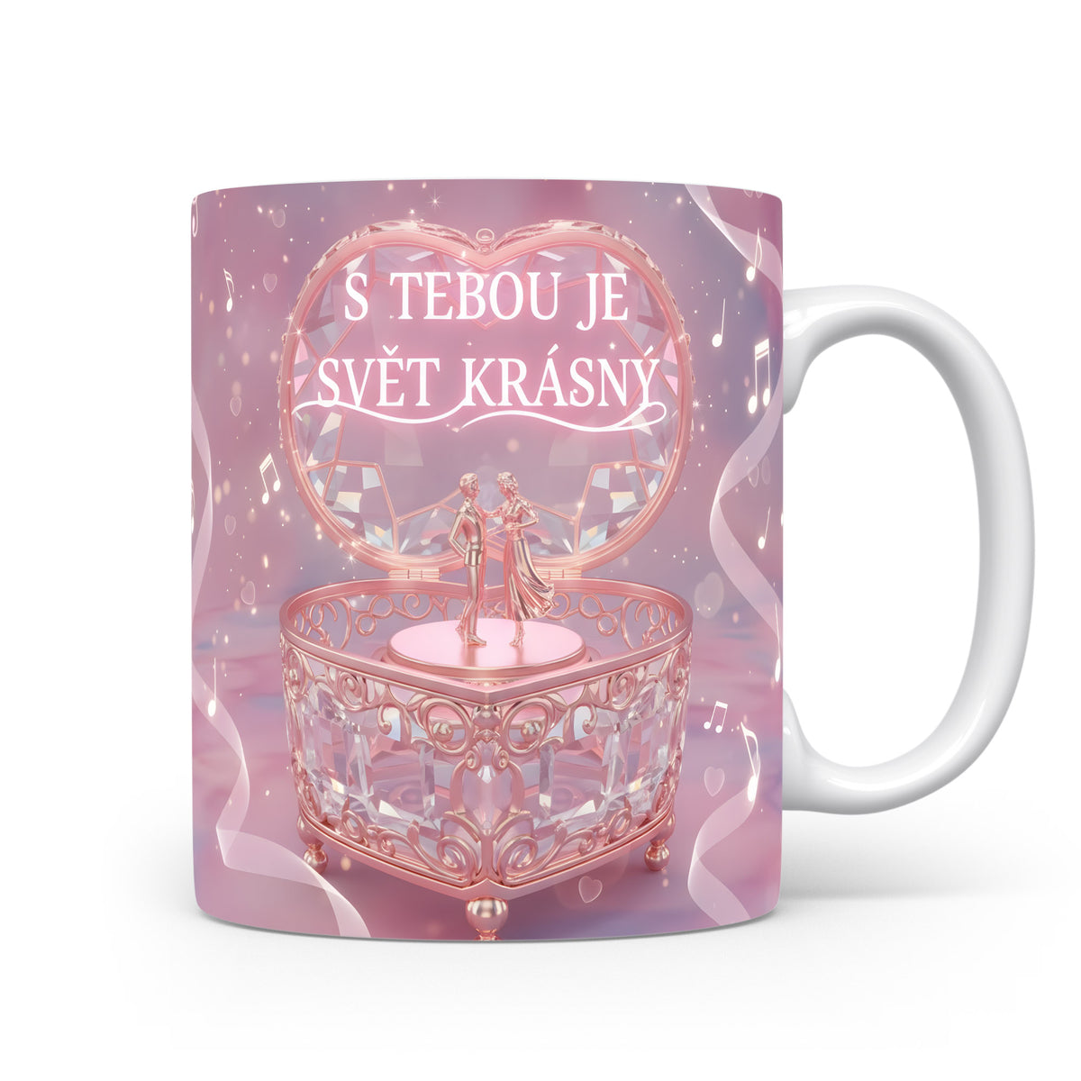 Růžový hrnek s nápisem S TEBOU JE SVĚT KRÁSNÝ a romantickými motivy.