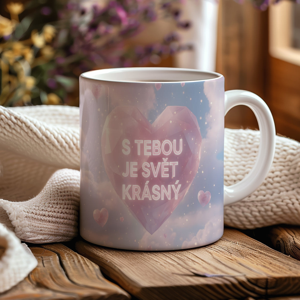 Hrnek s růžovým srdcem a nápisem 'S tebou je svět krásný' na pastelovém pozadí.